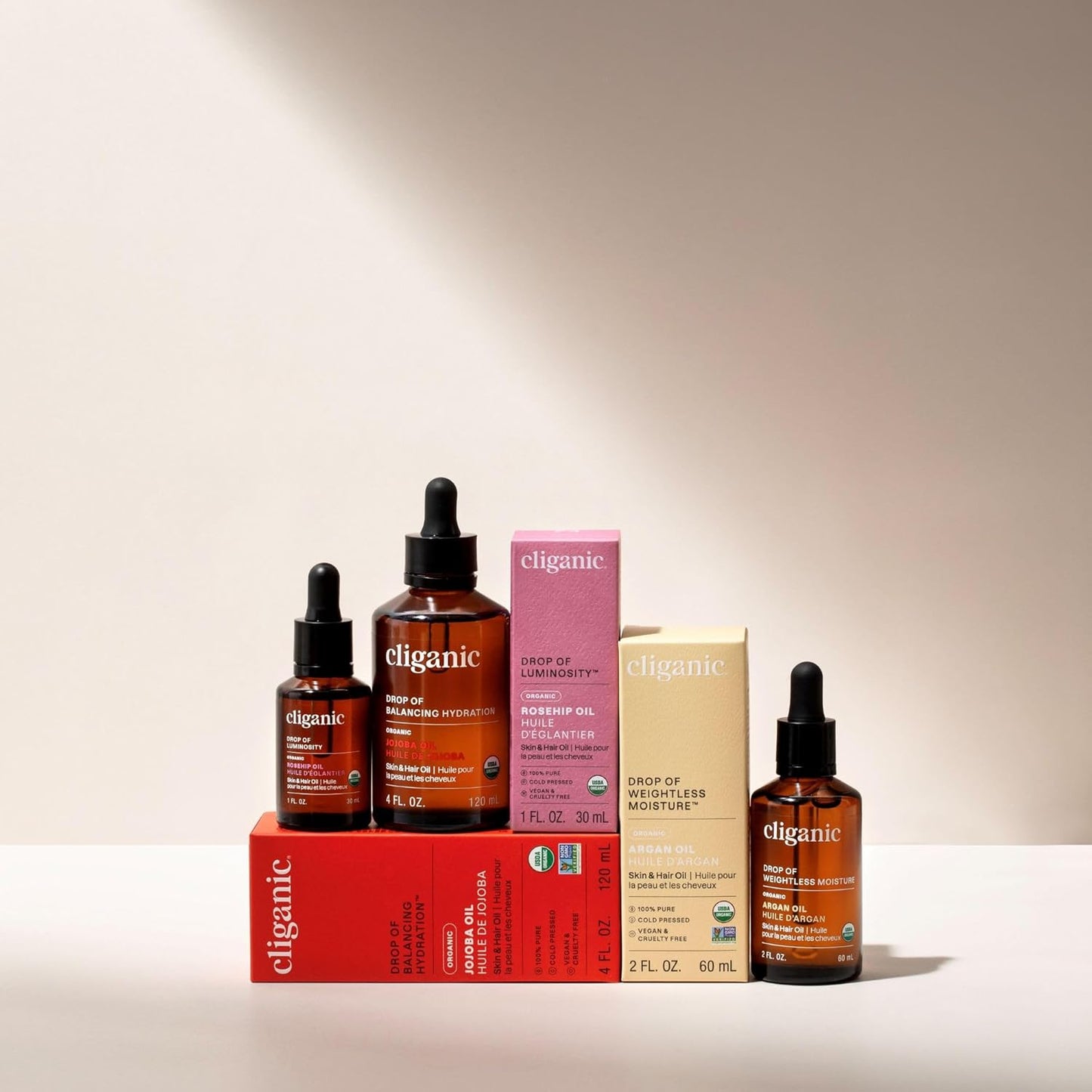Cliganic Organic Nature’s Glow Oils Trio: Jojoba, Argan & Rosehip - For Face, Hair & Body