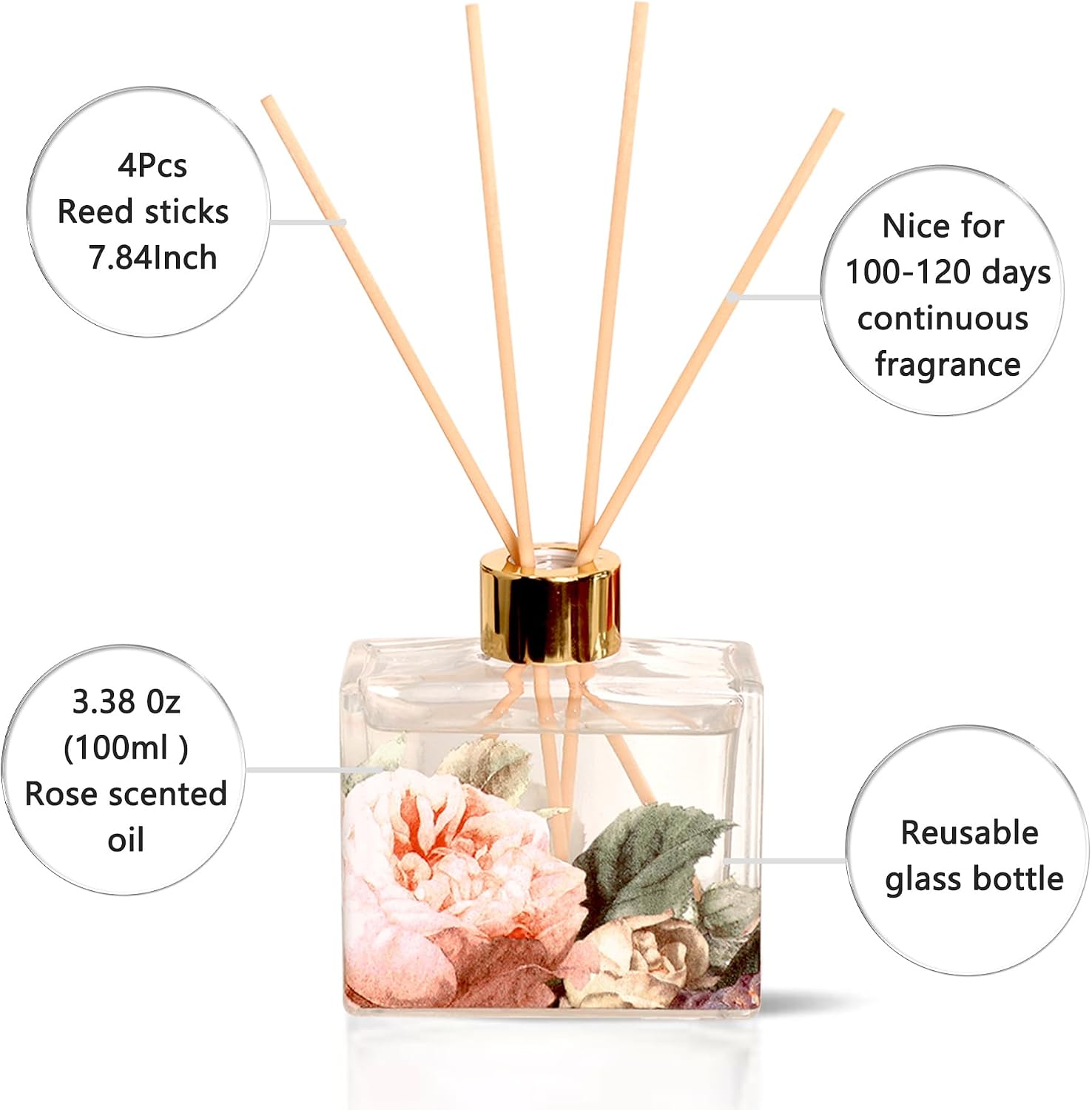 Reed Diffuser Set Rose Scent 3.38 Oz Reed Diffuser with Sticks - Bedroom Bathroom Shelf Valentine's Day Decor