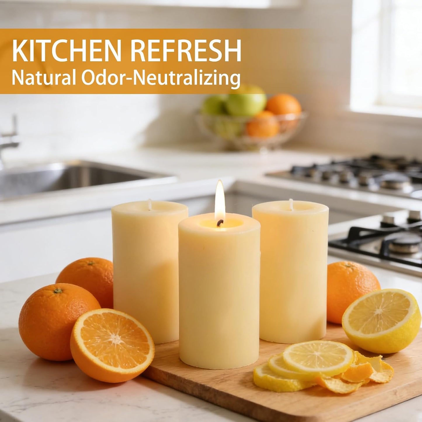 Orange Lemon Scented Beeswax Pillar Candles, Non-Toxic Natural Beeswax & Soy Scented Candles for Home, 35 Hour Clean Burn Smokeless Pillar Candle, 2x4 Inch