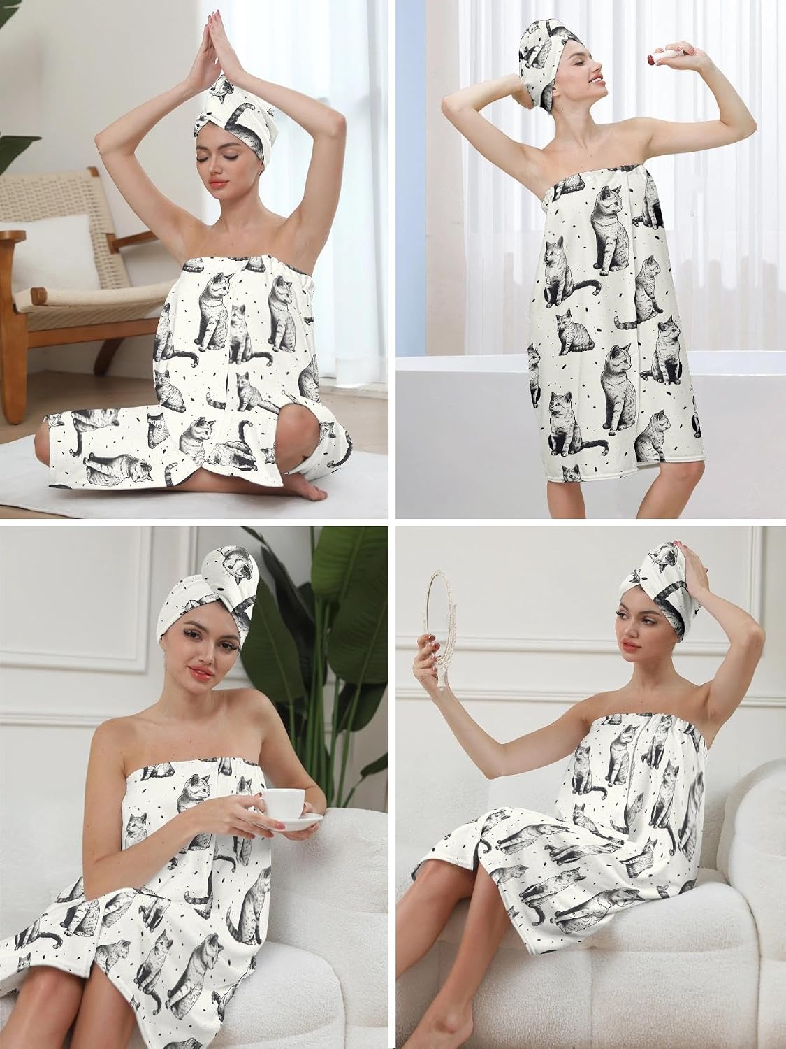 YWMAN Microfiber Bath Wrap Set with Hair Turban, Cat Pattern, 59x31 inches, Soft Spa Towel