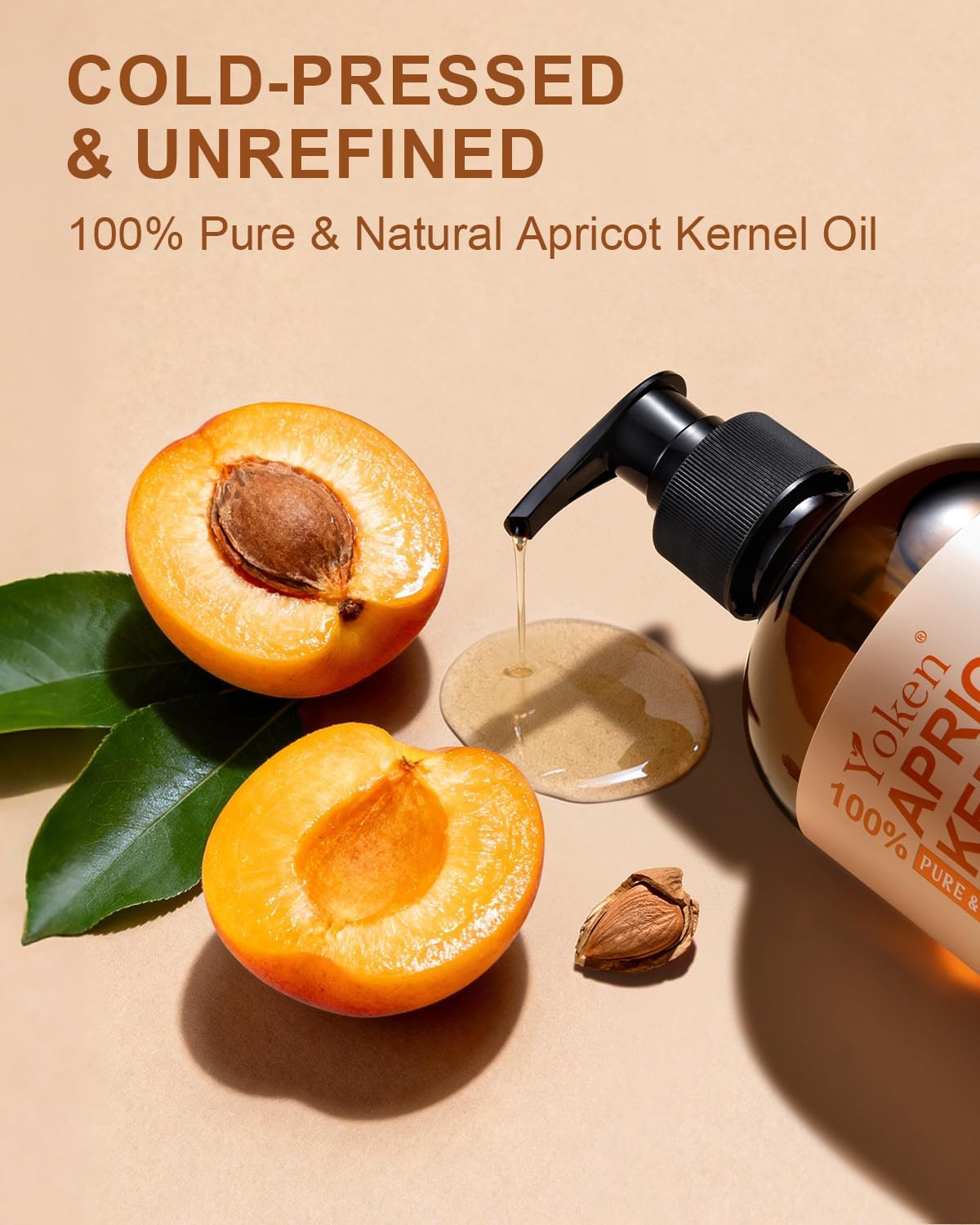 Yoken Cold Pressed Apricot Kernel Oil 16 fl oz Glass Bottle - Single Ingredient 100% Pure and Natural Apricot Oil, Lightweight Carrier & Massage Oil for Skin & Hair, Unscented & Hexane Free