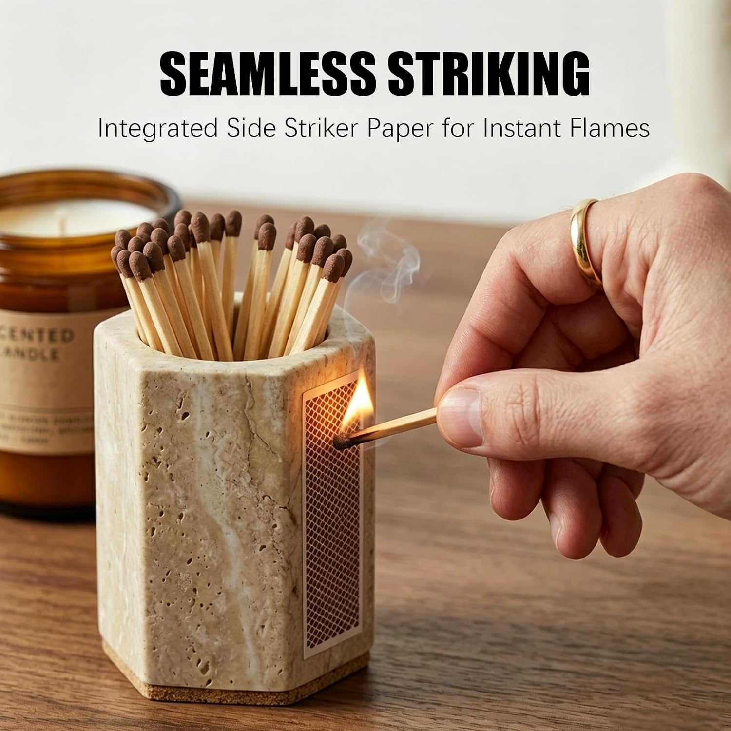 Hexagonal Travertine Match Holder with Striker, Luxury Natural Stone Matches Jar with Cork Base, Decorative Matchstick Holder for Candle & Fireplace - Unique Housewarming Gift, Matches Not Included