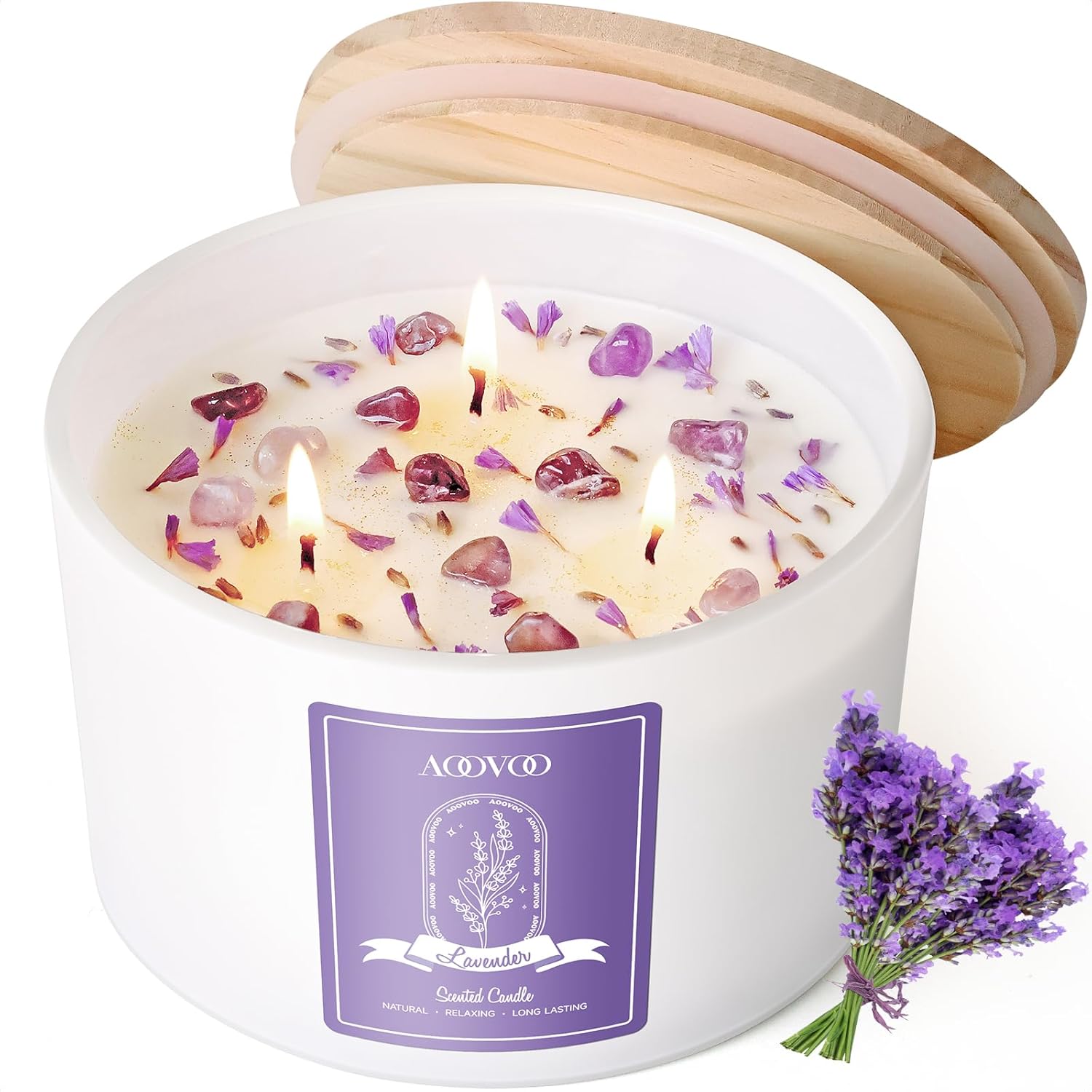 AOOVOO Lavender Scented Candles for Women - 20oz 3 Wick Soy Candles for Home Scented, Aromatherapy Candle with Crystals Inside, Birthday Gifts Mothers Day Candle for Women Mom