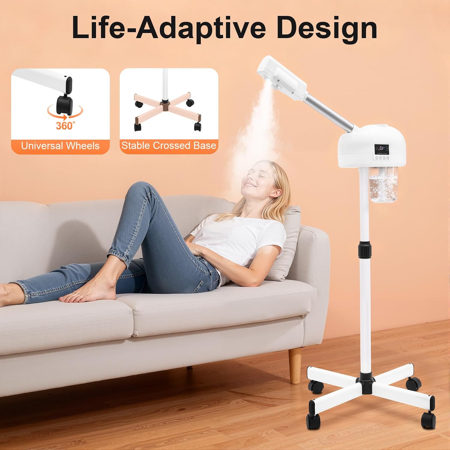 Professional Facial Steamer Machine on Wheels, Standing Esthetician Steamer, Facial Steamer for Skin Rejuvenation, Spa or Personal Care (White)