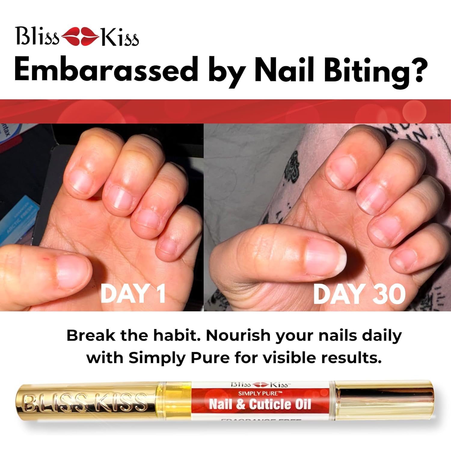 Bliss Kiss | Fragrance Free 4 Nail Oil Cuticle Pens w/Vitamin E & Jojoba⏤Nail Strengthener Nail Growth and Strengthening Serum for Brittle, Peeling, Breaking, Thin nails