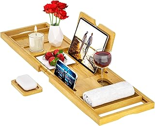 Premium Bathtub Tray Caddy - Bath Tray Bamboo Expandable - Bath Tub Tray Table for Bathtub - Expandable Size, Fits Most Bath Tubs - Natural Bamboo Wood