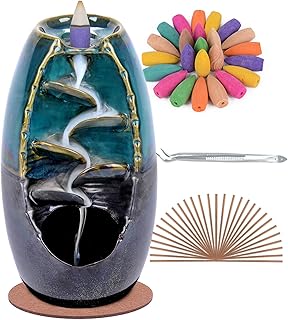SPACEKEEPER Ceramic Backflow Incense Holder Waterfall Incense Burner, Aromatherapy Ornament Home Decor with 120 Backflow Incense Cones + 30 Incense Stick , Blue Set