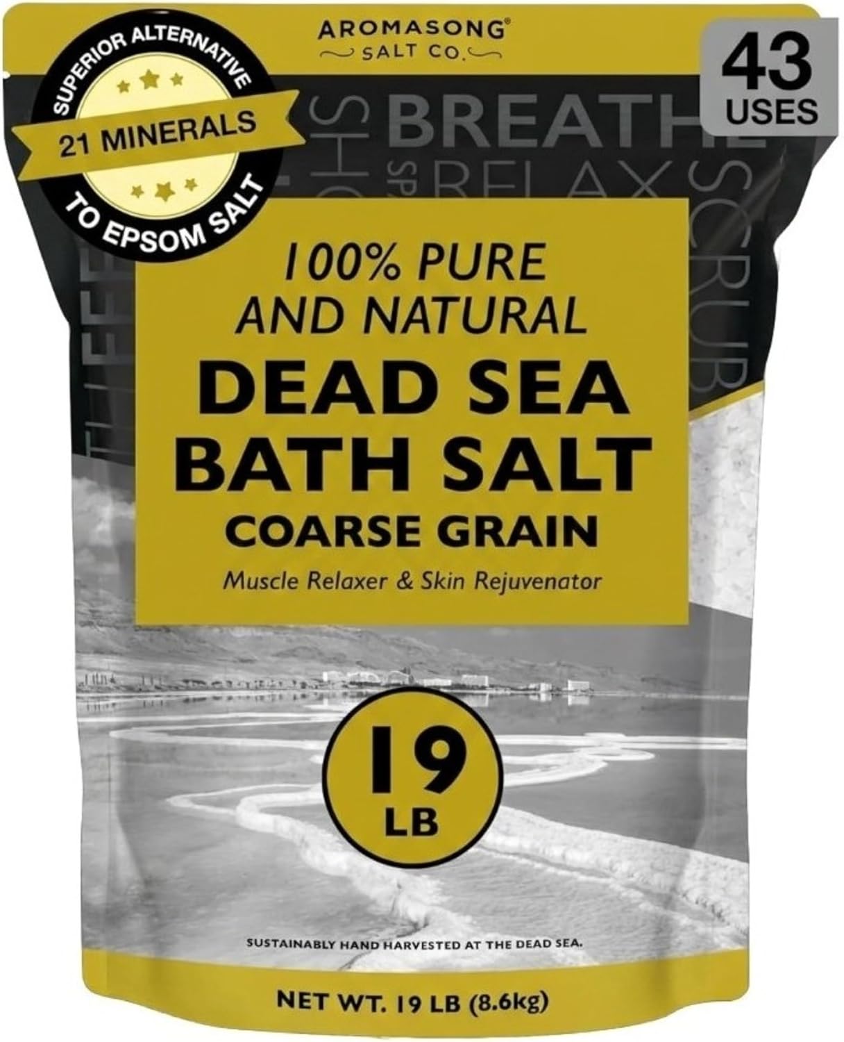 Aromasong Dead Sea Bath Salt - 100% Pure & Natural Dead Sea Salts for Soaking Coarse Grain 19 LB - Bulk Resealable Pack (Packaging May Vary) Used for Body wash Scrub - Soak for Women & Men.