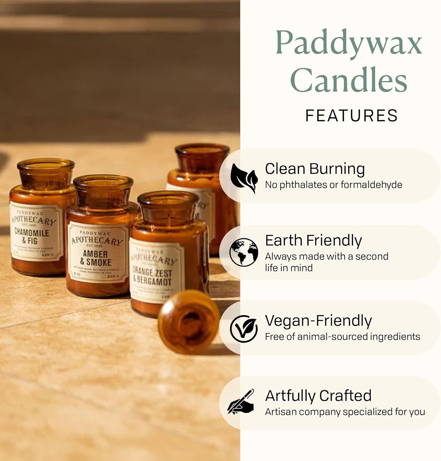Paddywax Artisan Apothecary Scented Candle with Lid in Reusable Glass Jar, Clean-Burn Soy Candle with Approx. 54 Hour Burn Time, Amber & Smoke, 8 oz.