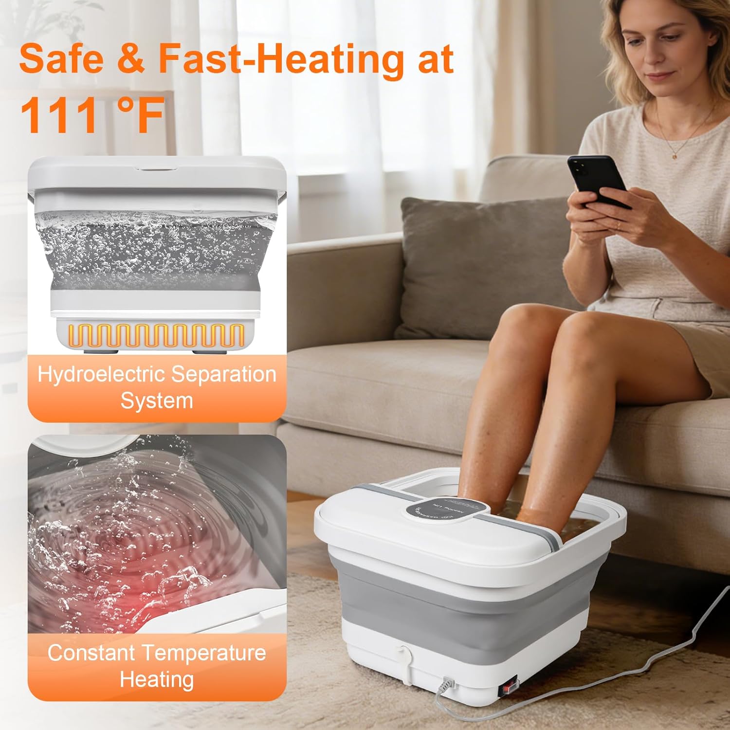 Collapsible Foot Spa Bath Massager with Heat, Bubble, Foot Soaking Tub with Handles, Foot Pedicure Kit, Temperature Control, Massage Rollers, Collapsible Bucket for Cleaning