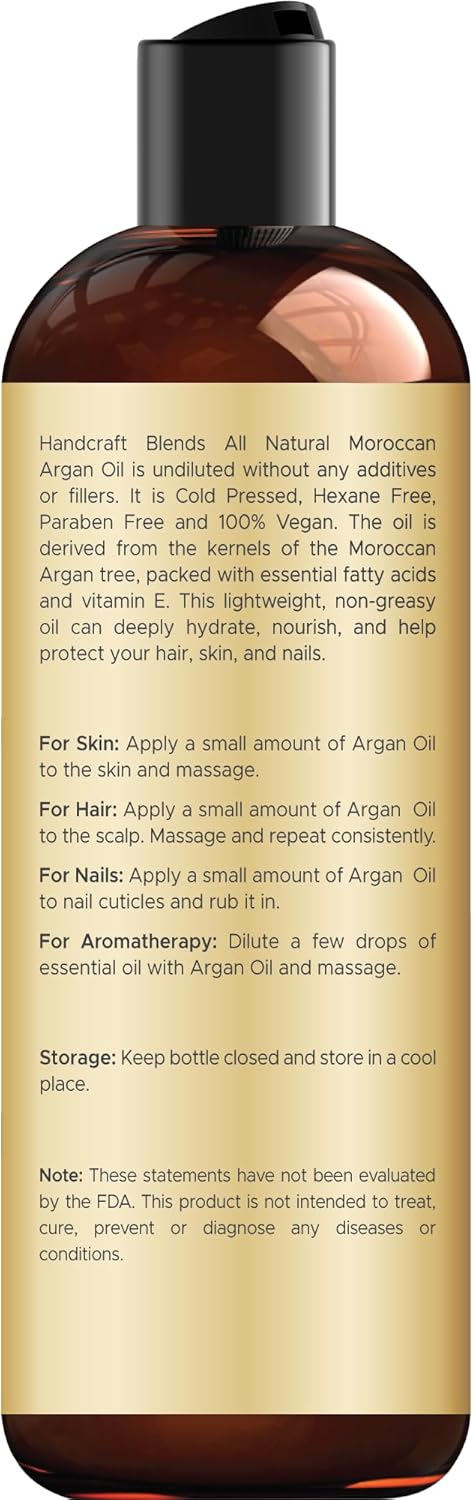 Handcraft Blends Moroccan Argan Oil - 8 Fl Oz - 100% Pure and Natural - Premium Grade Carrier Oil for Skin and Hair - Hair and Body - Massage - Cold-Pressed