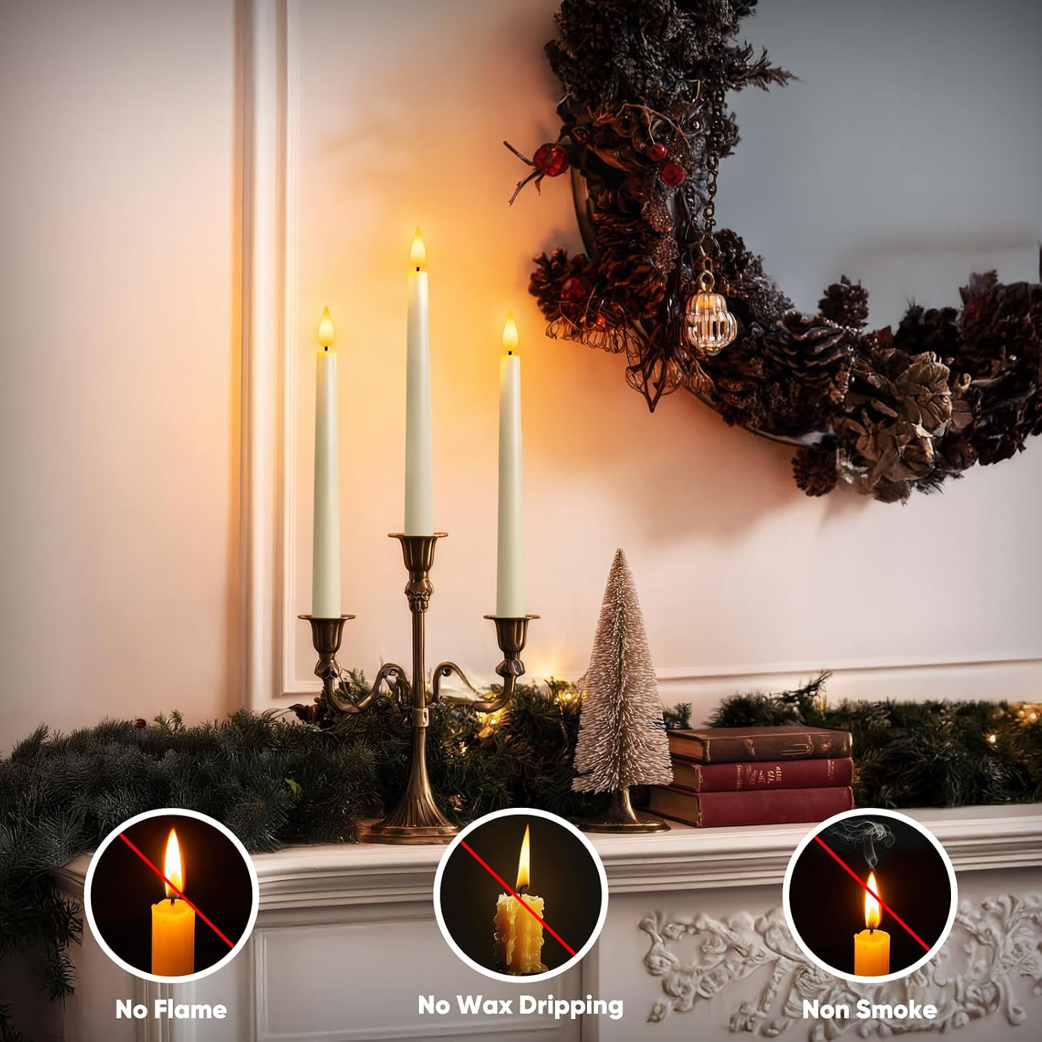 12 Pcs Flameless Taper Candles with Remote, Timer, Plastic Battery Operated Window Candles, 9.6 Inches Ivory LED Candlesticks, for Halloween Christmas Home Decoration
