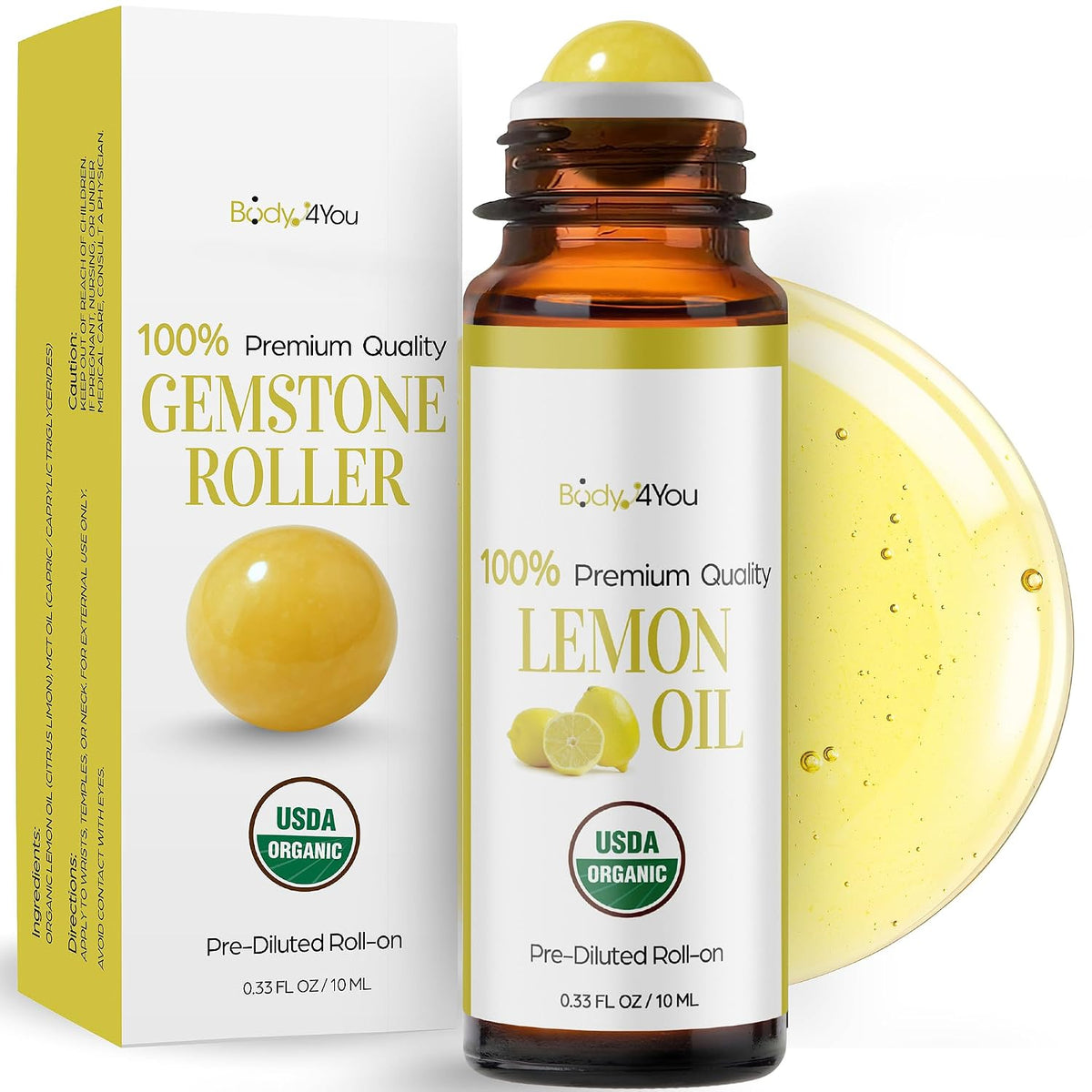 Lemon Essential Oil Roll On for Energy Mood Uplift Anxiety Relief - 100% Pure USDA Organic MCT Coconut Oil - Mental Clarity