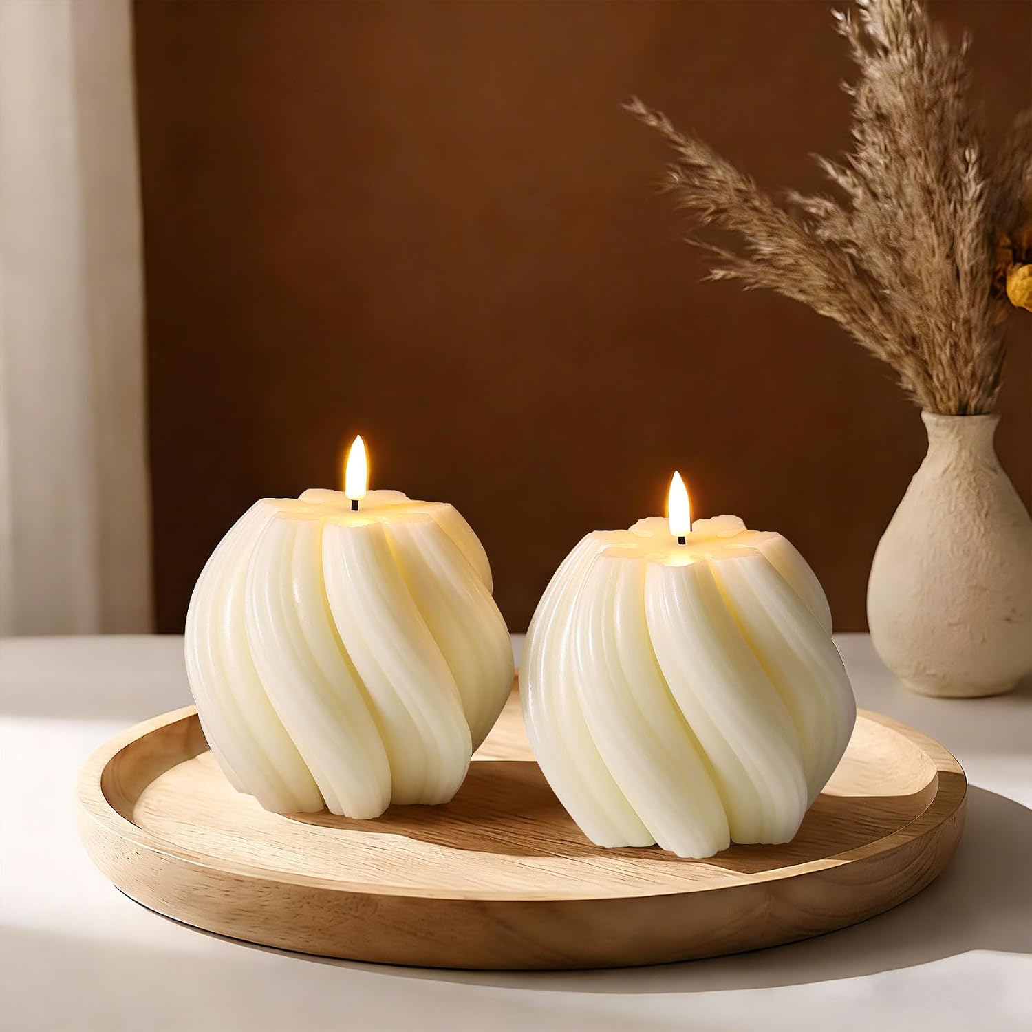 Cream White Swirl Flameless Candles with Remote, Aesthetic Twirl LED Pillar Candle Housewarming Gift Home Shelf Decor Set of 2