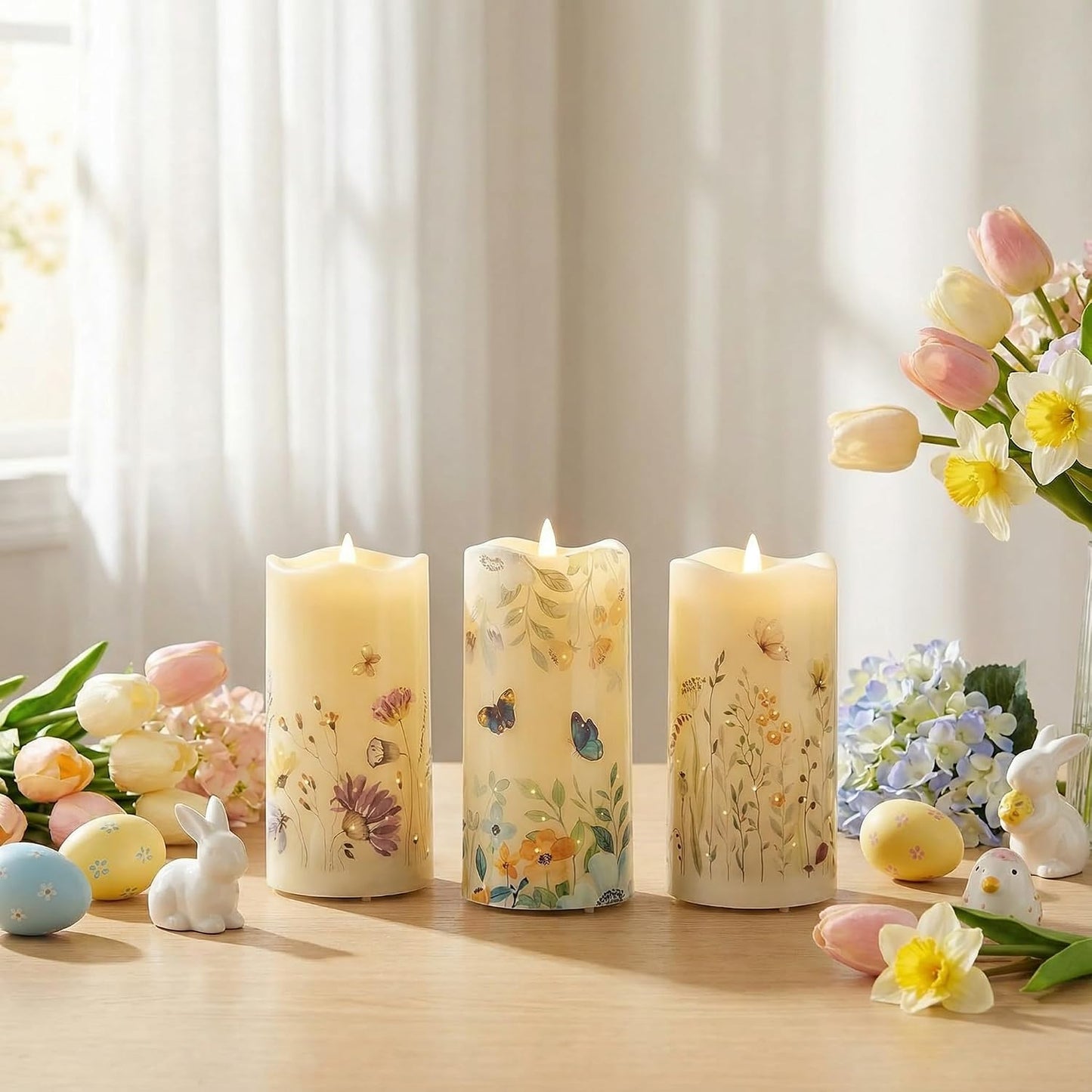 Eywamage Fiber Optic Flameless Pillar Candles with Remote Set of 3, Butterfly Floral Summer LED Candles Home Decor Φ 3" H 6"