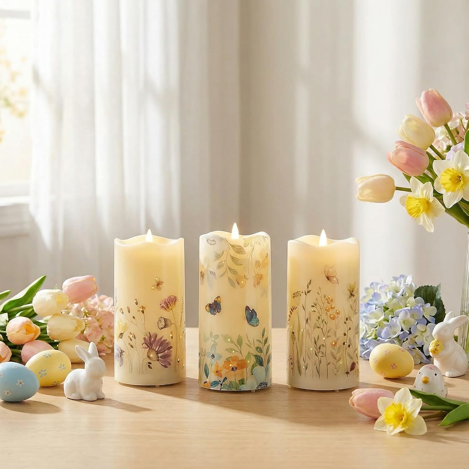 Eywamage Fiber Optic Flameless Pillar Candles with Remote Set of 3, Butterfly Floral Summer LED Candles Home Decor Φ 3" H 6"