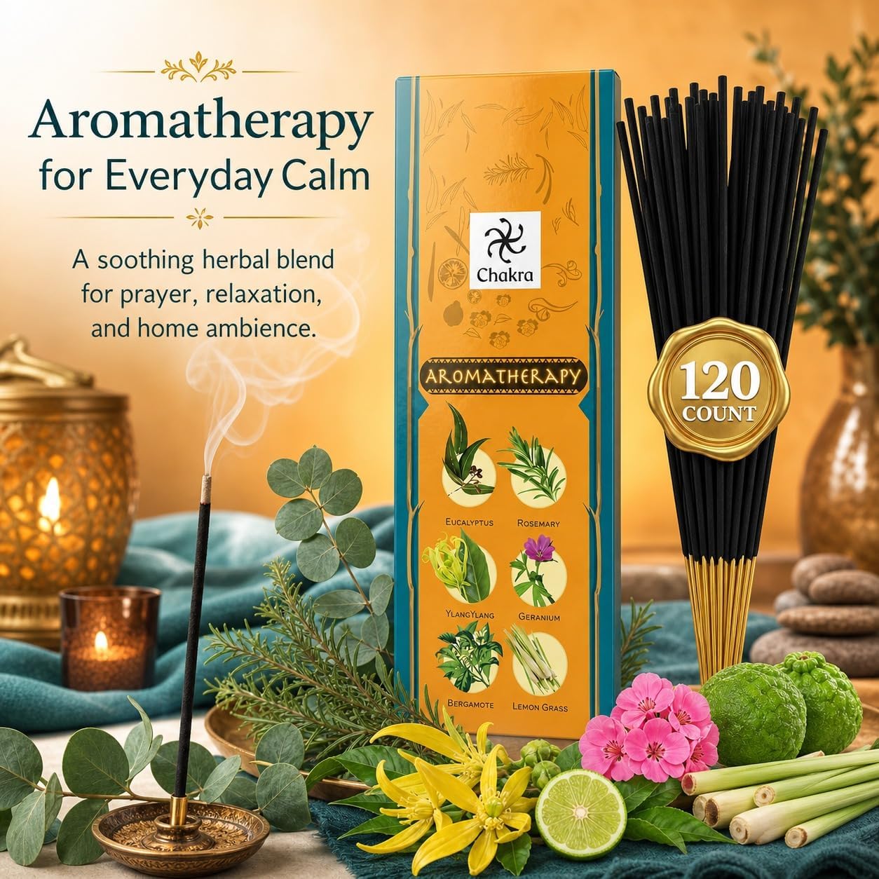Aromatherapy Incense Gift Pack – 120 Natural Sticks (6 Boxes) – Relaxing, Stress Relief, Meditation, Refreshing, Sensuality & Energising Scents – Eucalyptus, Geranium & More | Chakra