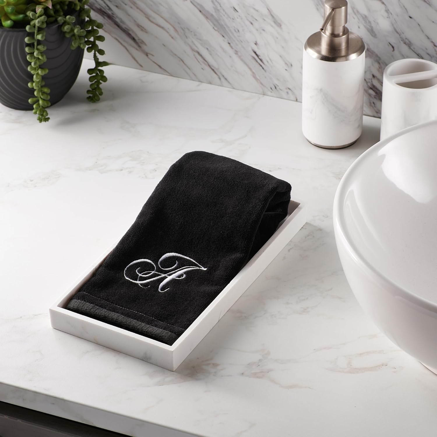 Monogrammed Towels Fingertip, Personalized Gift, 11 x 18 Inches - Set of 2 White Embroidered Towel - Extra Absorbent 100% Cotton - Soft Velour Finish - For Bathroom/ Kitchen/ Spa - Initial N (Black)