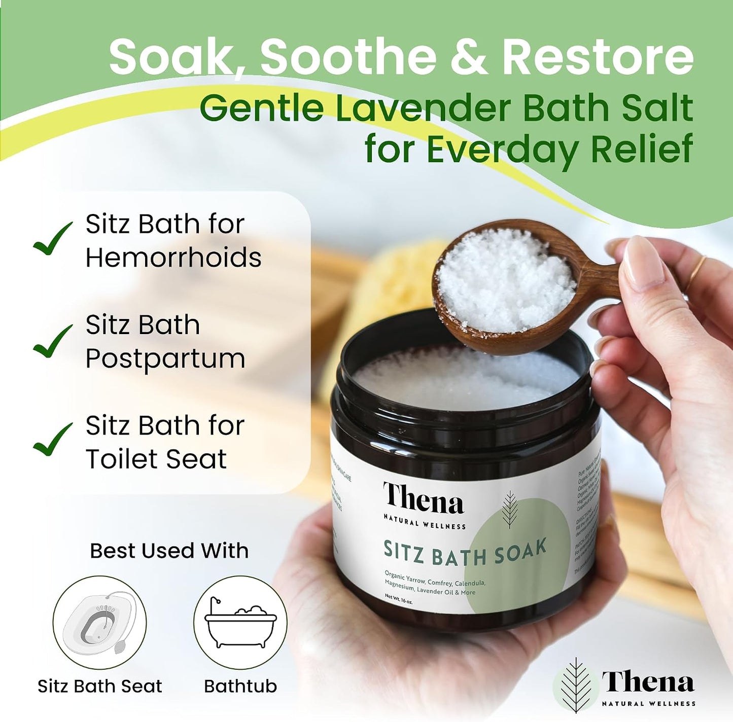 Best Organic Sitz Bath Soak Postpartum Care and Post Partum Essentials, Natural Hemorrhoid Treatment for Women & Moms with Epsom Dead Sea Salt Witch Hazel, Sitz Bath for Toilet, Thena