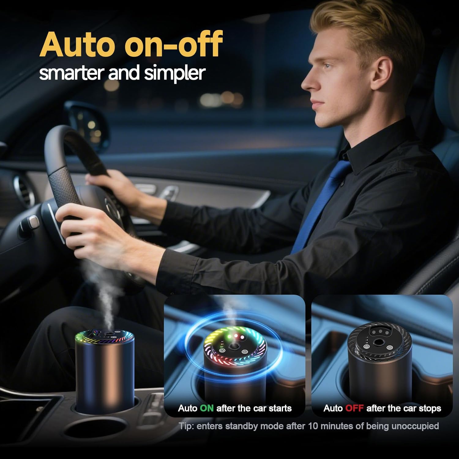 Smart Car Air Freshener with Star Light & 100ml Diffusers Oil Refills, Auto On/Off Aroma Diffuser, 3 Adjustable Mist Modes Rechargeable Aromatizante para Carro - Car Diffuser（Cologne+Ocean）