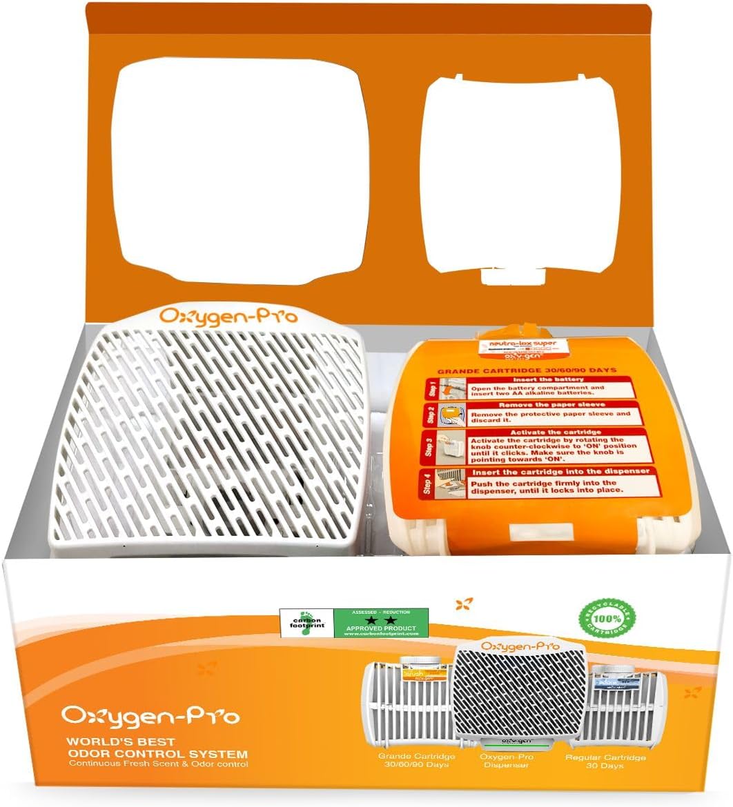 Oxygen-Pro - Starter Kit - Commercial Air Freshener and Deodorizer, Wall Mounted, Battery Operated Automatic Dispenser, Odor Eliminator, and Fragrancing System (Subtle kit) 120 Day Supply