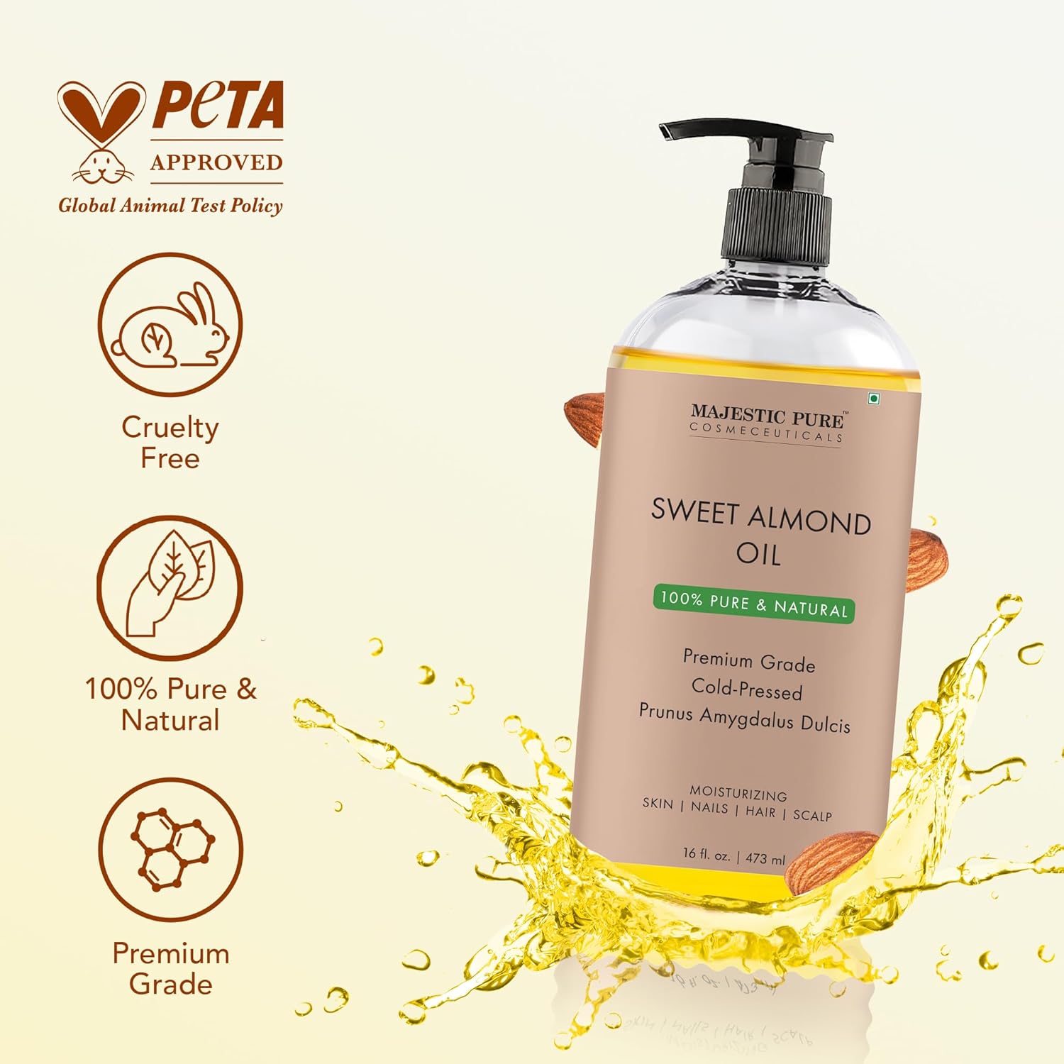 MAJESTIC PURE Sweet Almond Oil, Triple A Grade Quality, Pure and Natural from Spain, Cold Pressed, (Packaging May Vary) - 16 fl. Oz