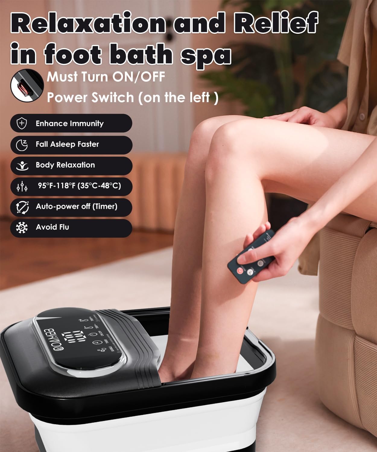OOAMBB Collapsible Foot Spa with Heat, Bubble and Temp Control, Remote, Foot Bath Massager with XL Touch Screen and Massage Rollers, Foot Soaking Tub, Pedicure Foot spa for Stress Relief (Black)