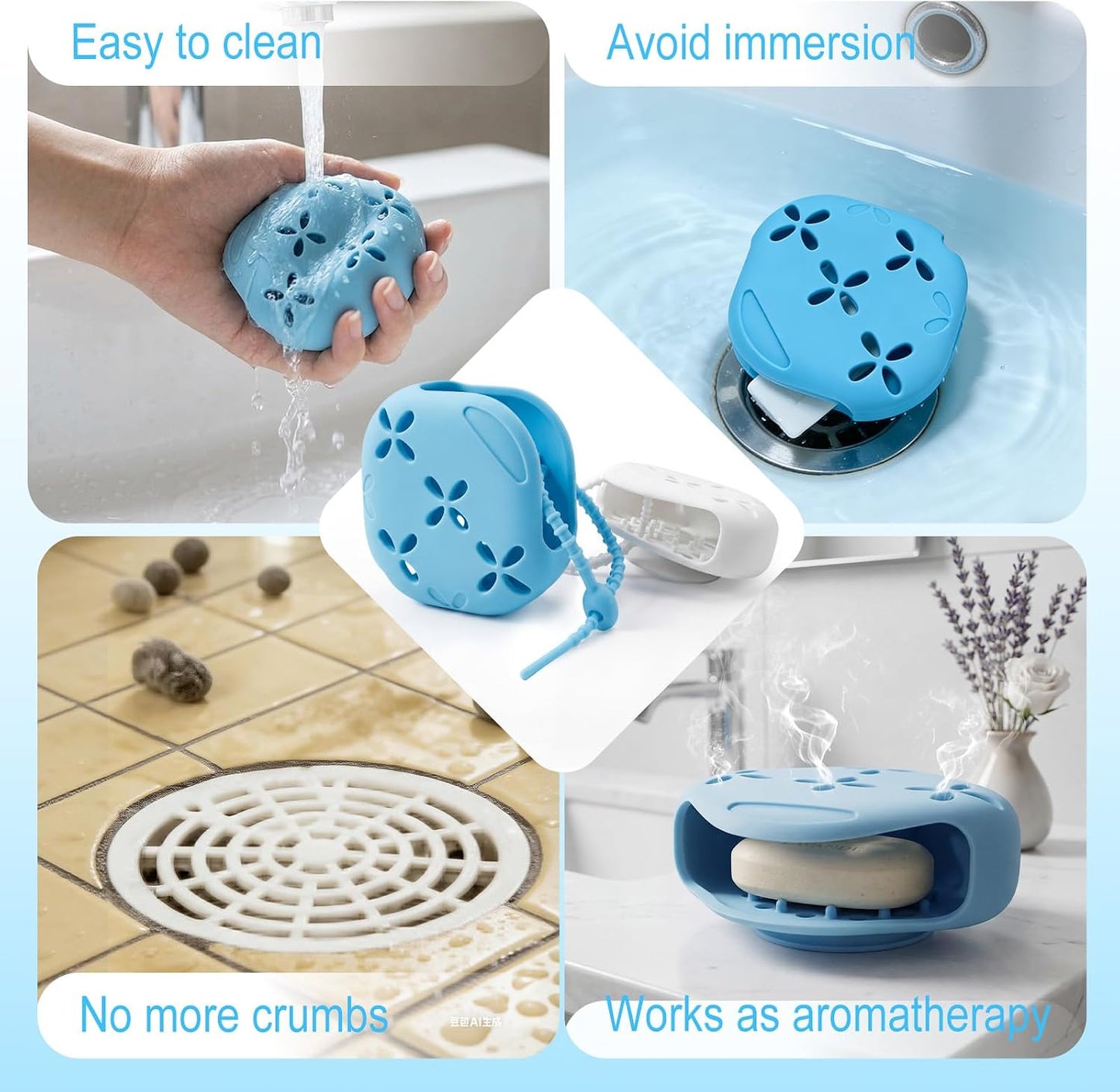 2 Pack Shower Steamer Holder Suction Cup | Silicone Bathroom Accessories with Adjustable Hanging Strap, Non-Slip Aromatherapy Diffuser Container, White & Blue