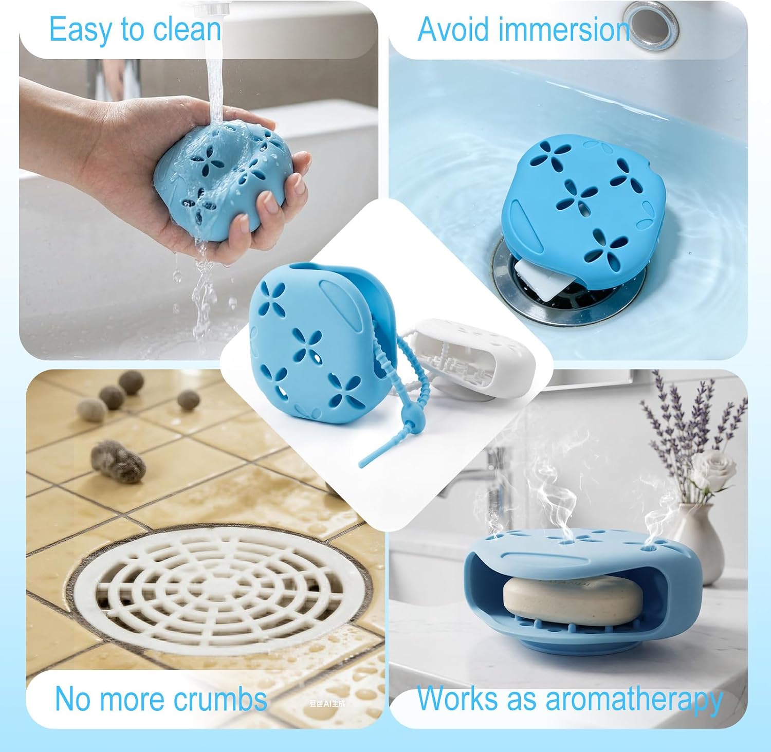 2 Pack Shower Steamer Holder Suction Cup | Silicone Bathroom Accessories with Adjustable Hanging Strap, Non-Slip Aromatherapy Diffuser Container, White & Blue