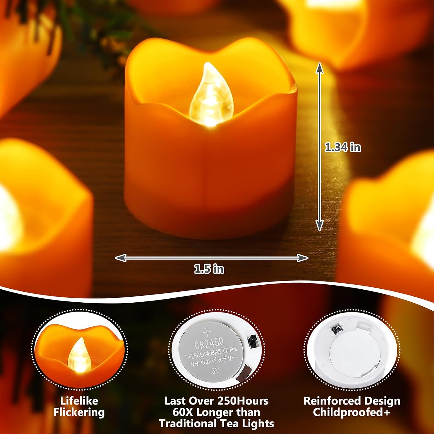 Topstone Halloween Orange Led Tealight with 4/6/8 H Timer,Remote Control Flameless Candle,Battery Powered Fake Candles,Electric Votive Candle,Pack of 12