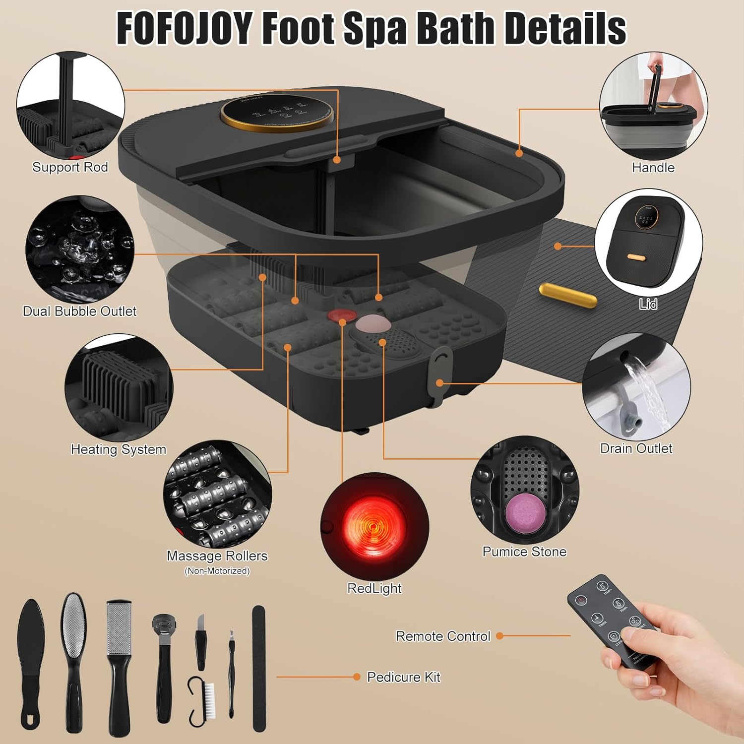 Foot Spa Bath Massager with Heat, Bubble, Temperature Control, Remote Control, Touchscreen, Pumice Stone, Pedicure Foot Spa Gift for Man Women Mother Father (Plus Size)