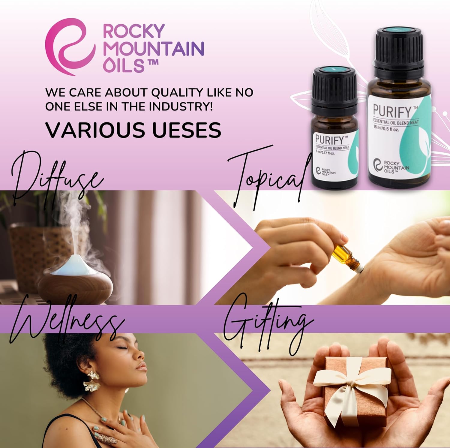 Rocky Mountain Oils Purify Essential Oil Blend 15ml - Organic, 100% Pure Blend with Lemongrass, Rosemary, Lavender, Myrtle, Citronella, and Tea Tree for Diffuser, Aromatherapy, Hotel, Spa