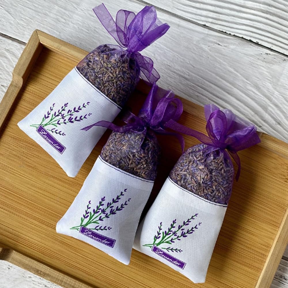 Lavender Sachet Bags Empty - 12 Pack Refillable Organza Drawstring Pouches for Herbs, Spices, DIY Crafts | Floral Design, Purple (Linen Blend)
