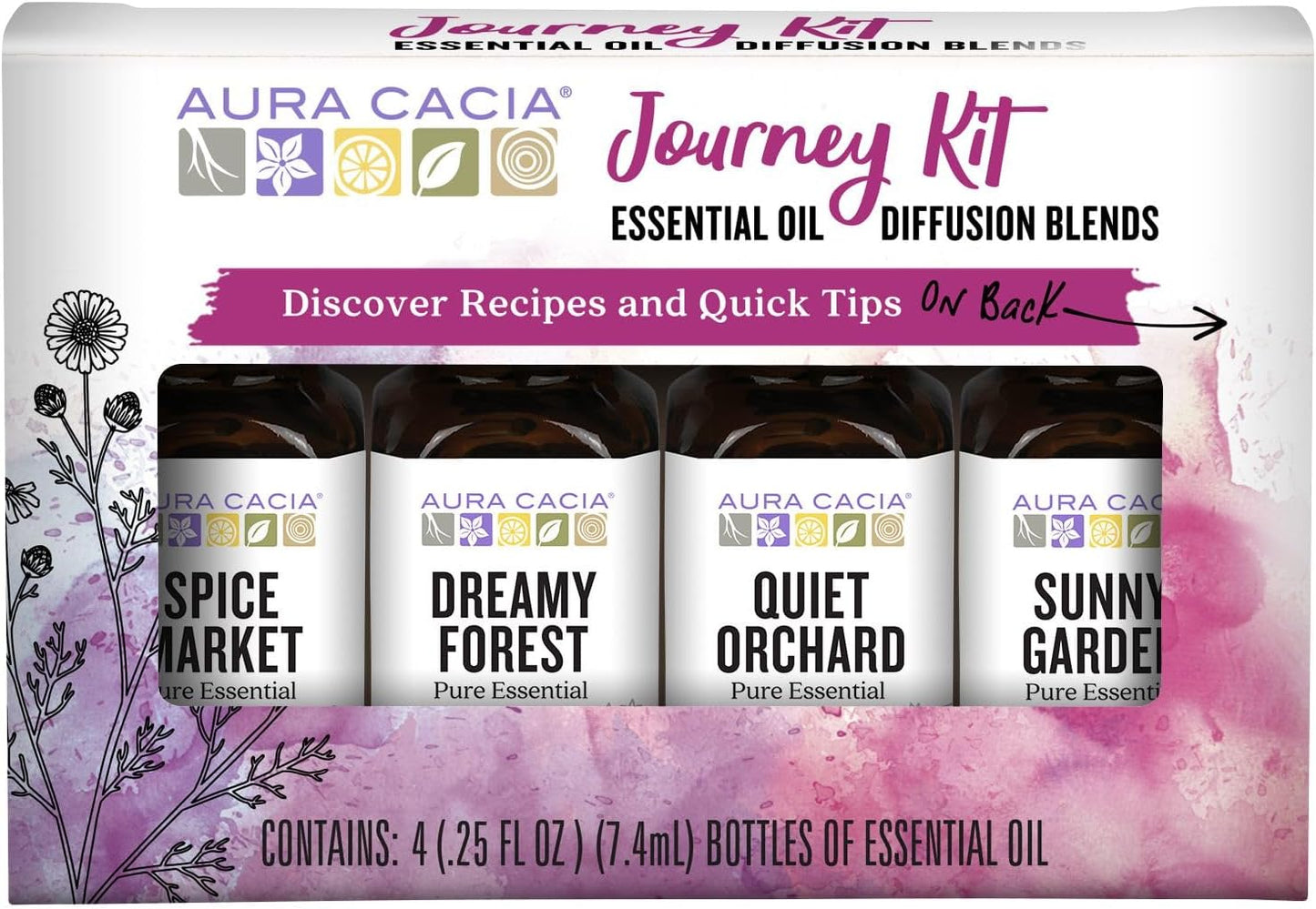 Aura Cacia Journey Essential Diffusion Oils Kit, 4-Pack, Spice Market, Dreamy Forest, Quiet Orchard & Sunny Garden Pure Oils