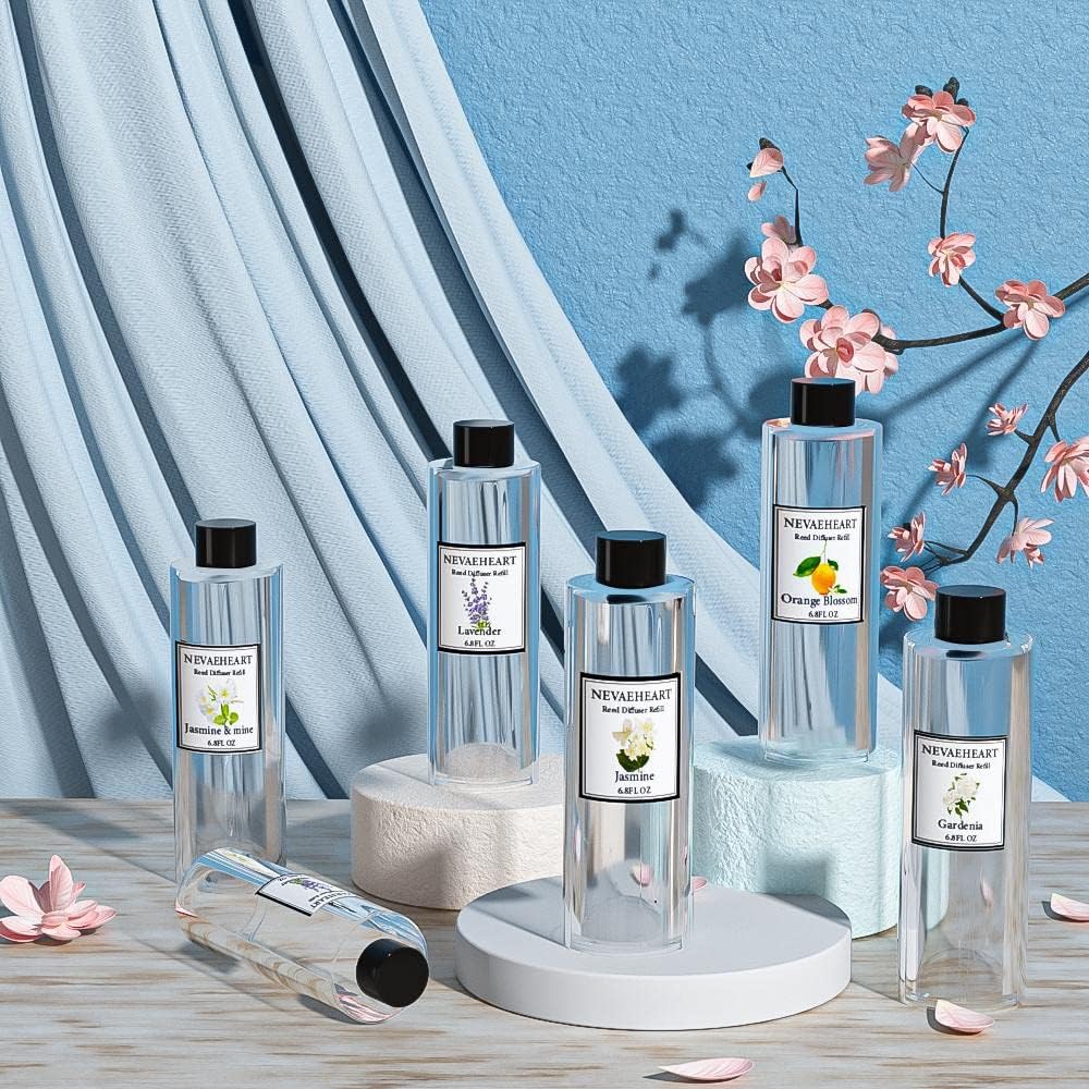 Reed Diffuser Refill, Jasmine & Mint Reed Diffuser Oil with Sticks Set, 6.8oz(200ml) Reed Diffuser Oil Refill Home Fragrance for Bedroom, Bathroom Home Decor