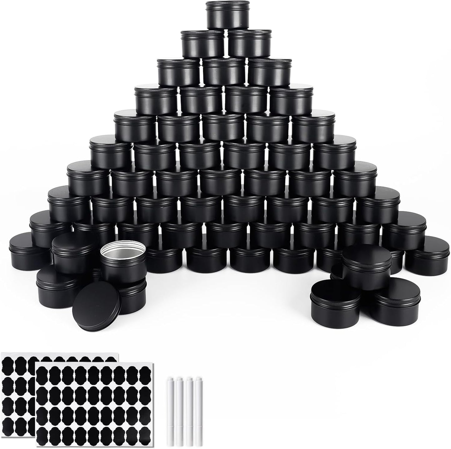 OBKJJ 64 Pack Round Cans with Screw Lid 4 Oz Aluminum Metal Tins DIY Food Candle Containers for Lotion Bars, Balms, Salve, Spices, Beard Balm, Crafts with 4 Markers 2 Sheets Label Stickers (Black)