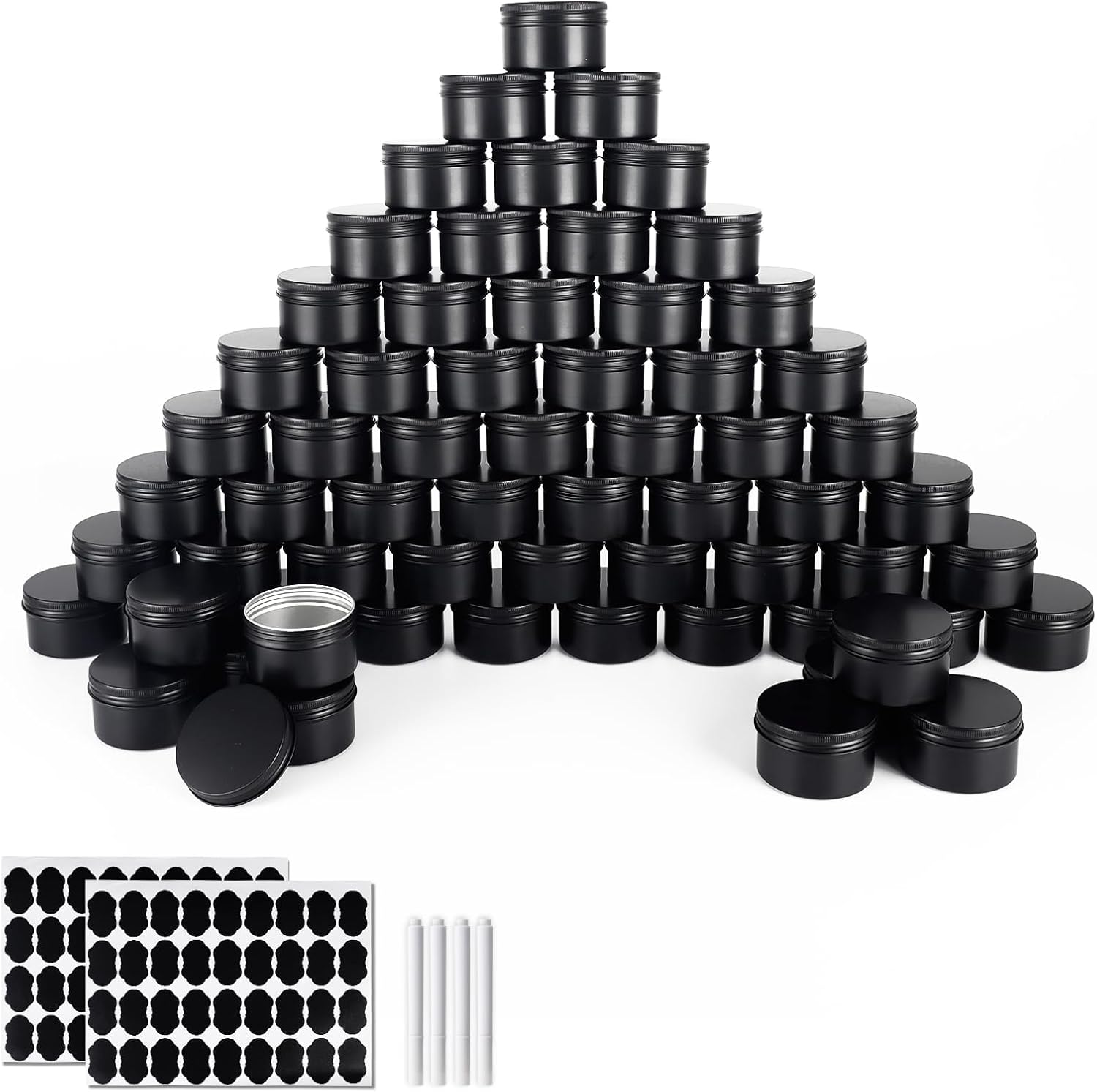 OBKJJ 64 Pack Round Cans with Screw Lid 4 Oz Aluminum Metal Tins DIY Food Candle Containers for Lotion Bars, Balms, Salve, Spices, Beard Balm, Crafts with 4 Markers 2 Sheets Label Stickers (Black)