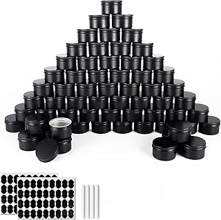 OBKJJ 64 Pack Round Cans with Screw Lid 4 Oz Aluminum Metal Tins DIY Food Candle Containers for Lotion Bars, Balms, Salve, Spices, Beard Balm, Crafts with 4 Markers 2 Sheets Label Stickers (Black)