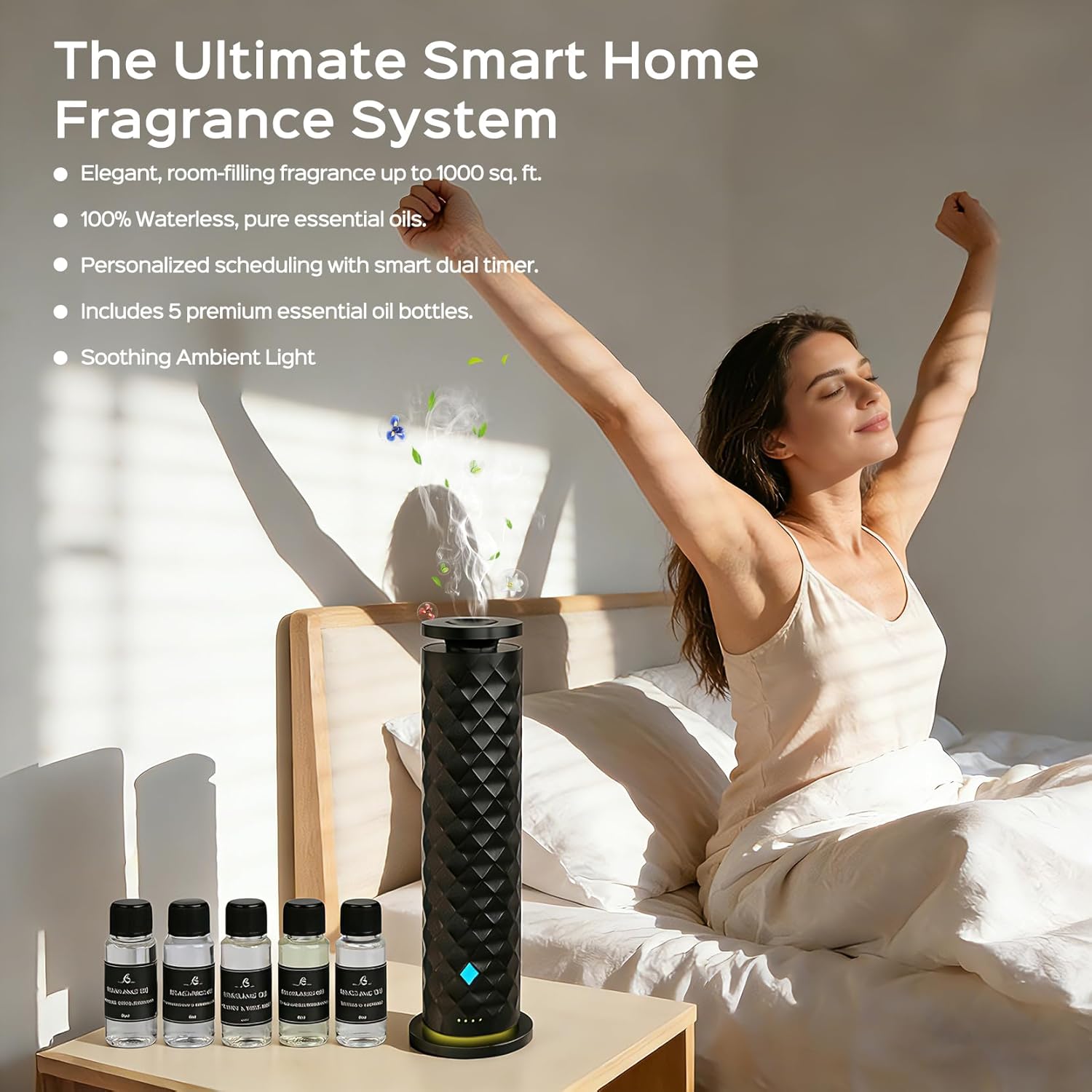 Waterless Scent Diffuser Starter Kit – Remote Control Cold Air Diffuser, 1000 Sq Ft Coverage Color and Ambient Light, Ultra-Quiet Quiet Nebulizing Aromatherapy for Home, Office, Bedroom & Spa