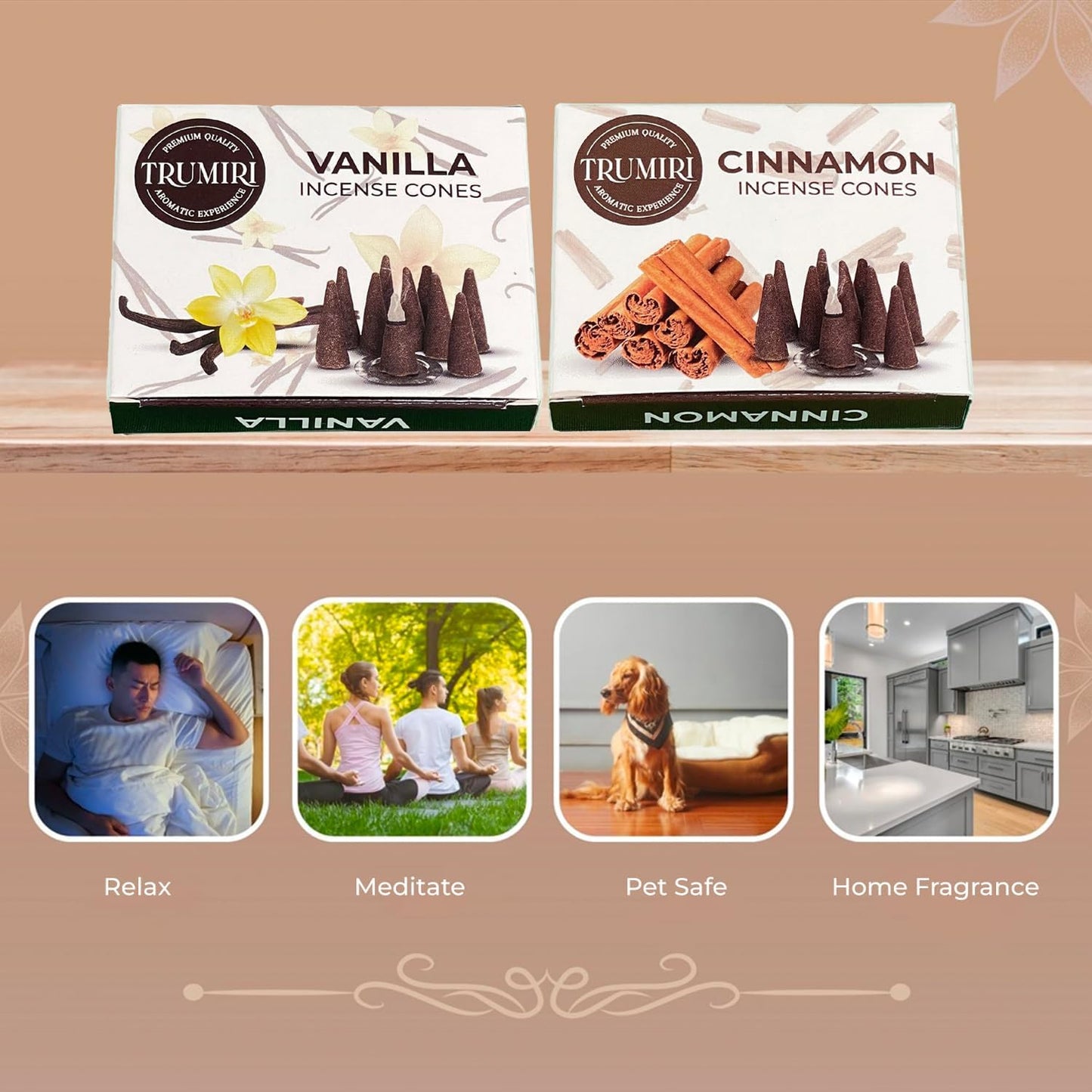 TRUMIRI Incense Cones - Combo Pack of 20 Cone Incense - 10 Vanilla + 10 Cinnamon