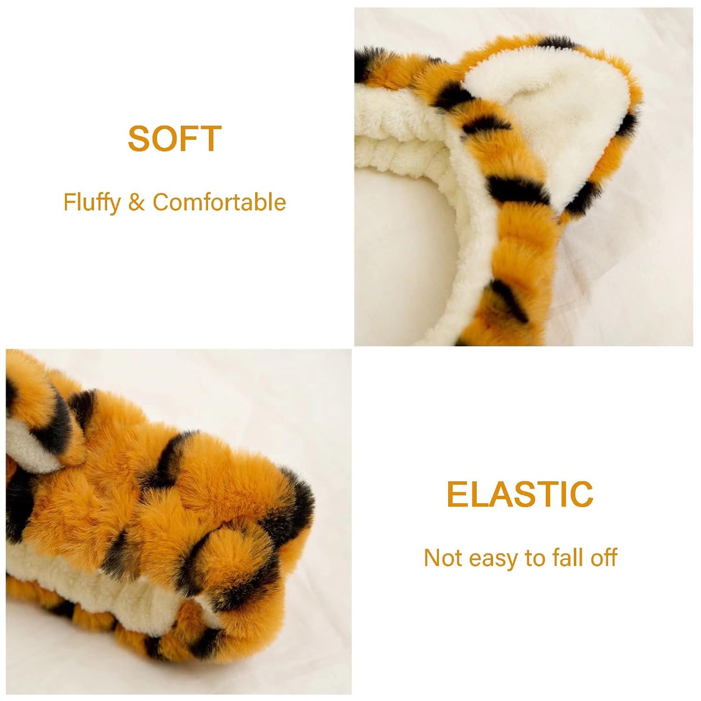 2 PCS Women Animal Ear Tiger Print Fuzzy Hairband Makeup Headband Elastic Stretch Head Wrap for Skincare Spa