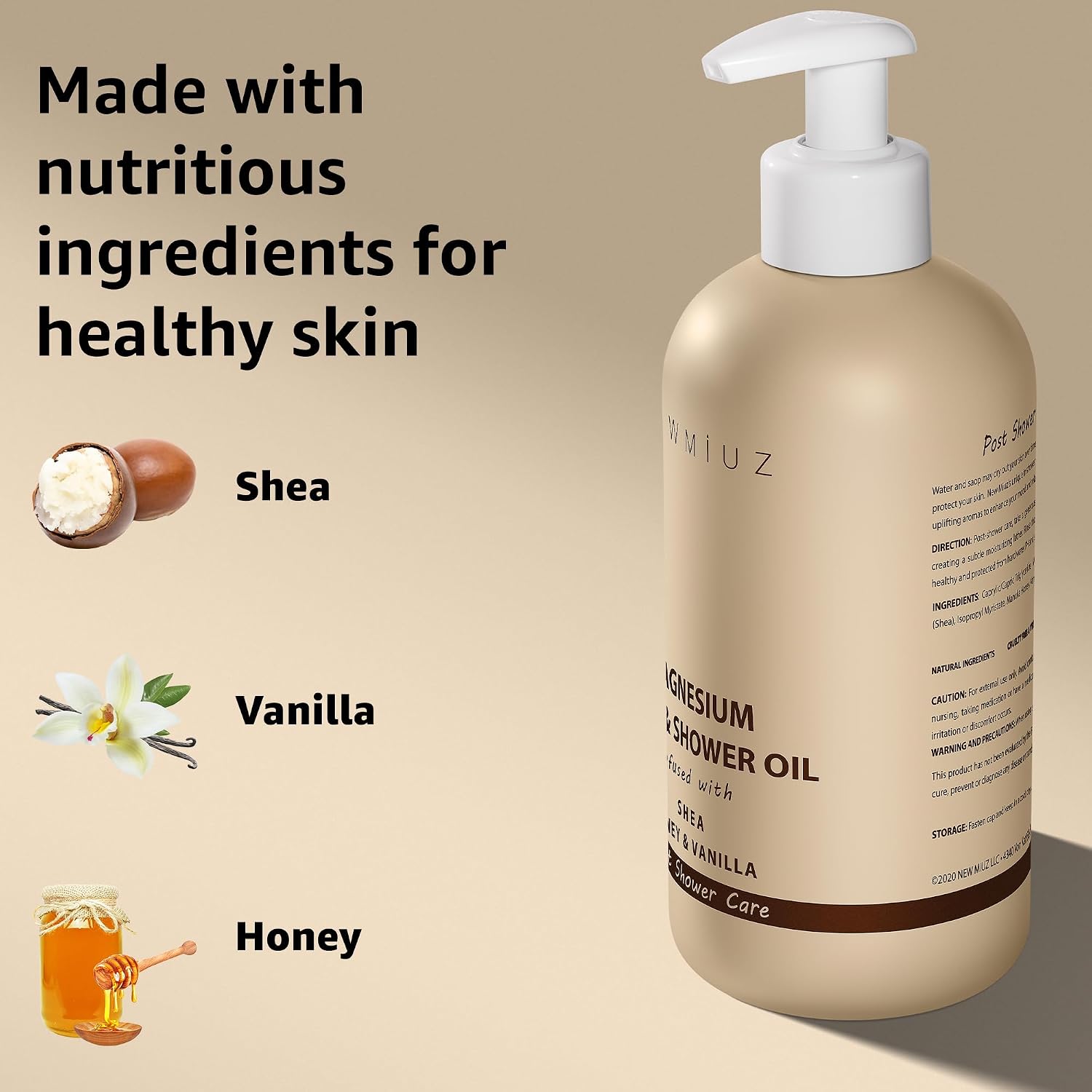 New Miuz Magnesium InShower Body Conditioner Soft Skin Post Shower Care Moisturizer for Body Legs Bath Oil for Dry Skin Shea Butter Honey Vanilla Self Care Spa Gift