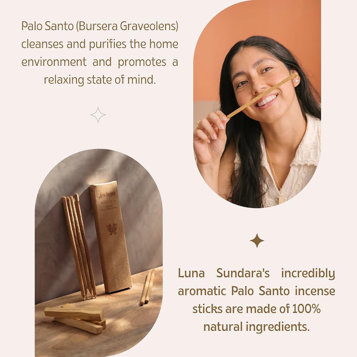 Luna Sundara Palo Santo Hand Rolled Incense Sticks, 6 Count | Hand rolled by Peruvian artisans using ground high-resin palo santo wood for a slow, aromatic burn.