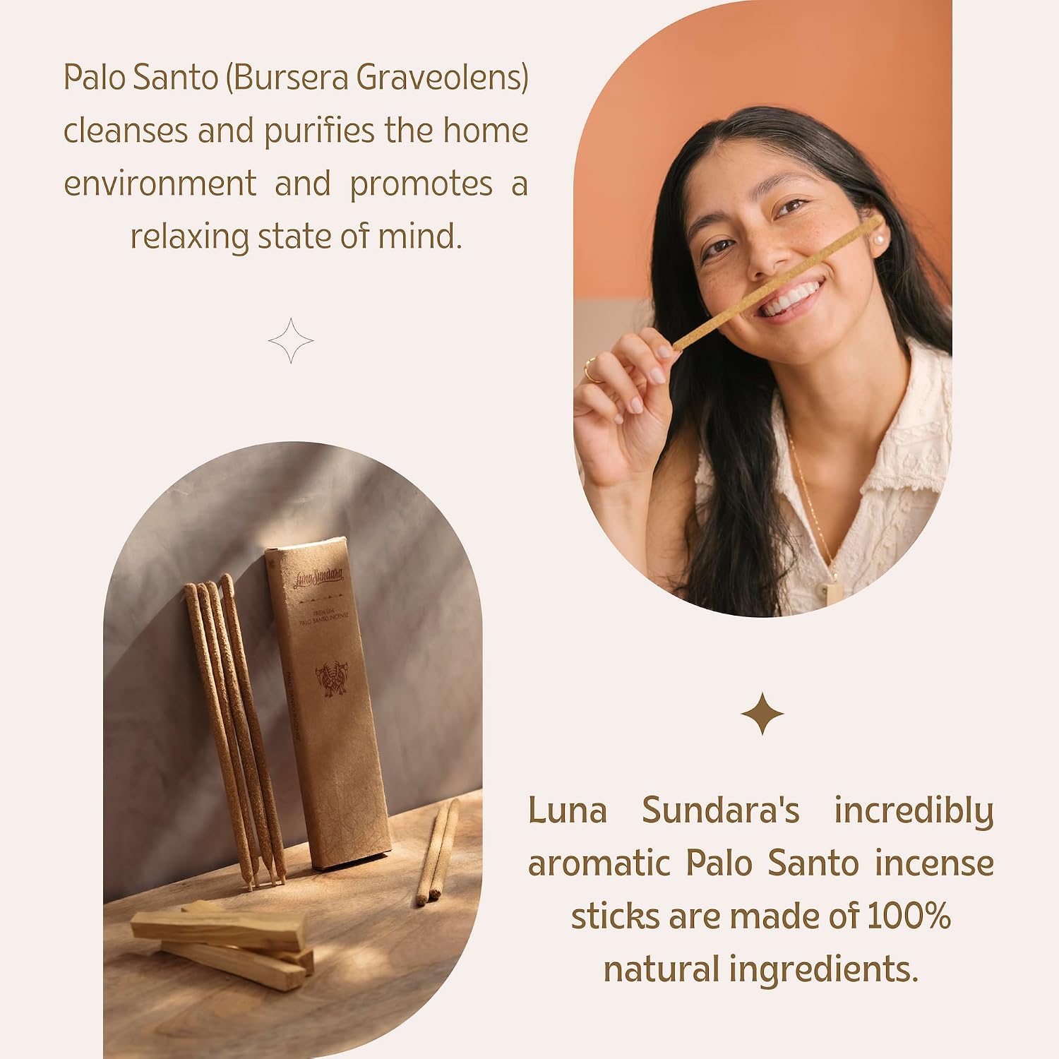 Luna Sundara Palo Santo Hand Rolled Incense Sticks, 6 Count | Hand rolled by Peruvian artisans using ground high-resin palo santo wood for a slow, aromatic burn.