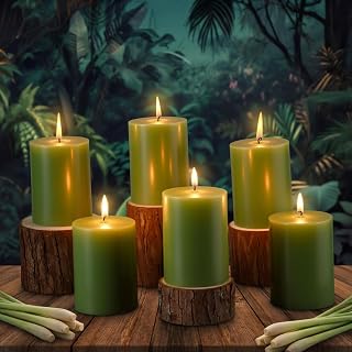 Lounsweer 6 Pcs 3 x 4 Inch Citronella Scented Pillar Candles Green Scented Candle for Home Indoor & Outdoor Use