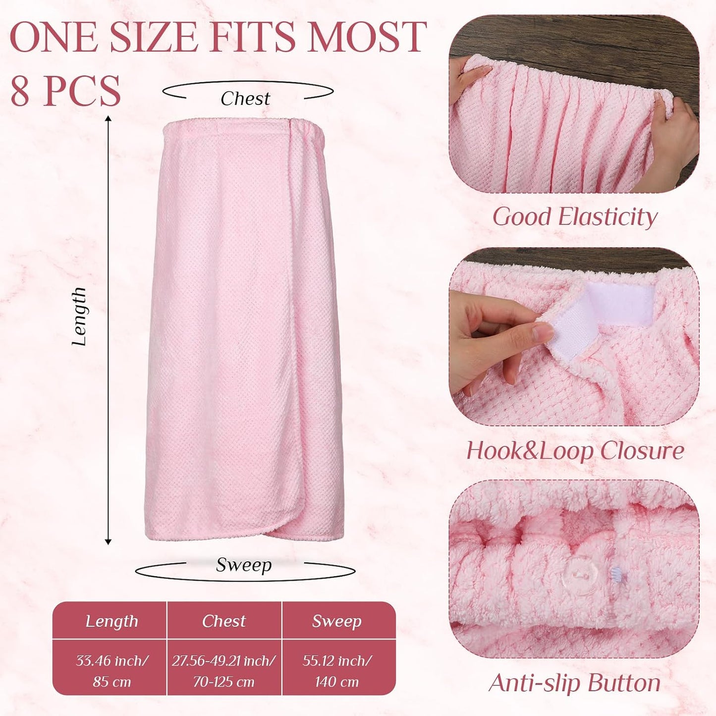 Tigeen 8 Pcs Spa Wraps for Women,Towel Wrap Waffle Spa Robe with Adjustable Closure Elastic Lightweight for Bath Shower(Pink,Medium)