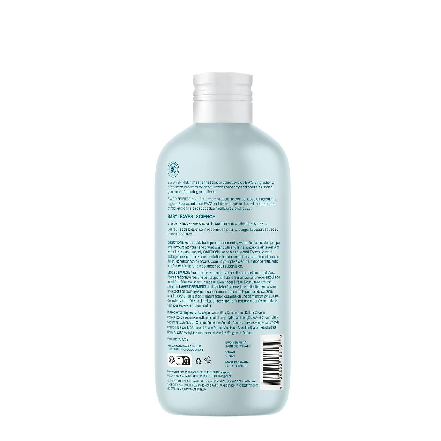 ATTITUDE Bubble Body Wash for Baby, EWG Verified, Dermatologically Tested, Plant and Mineral-Based, Vegan, Good Night, 16 Fl Oz