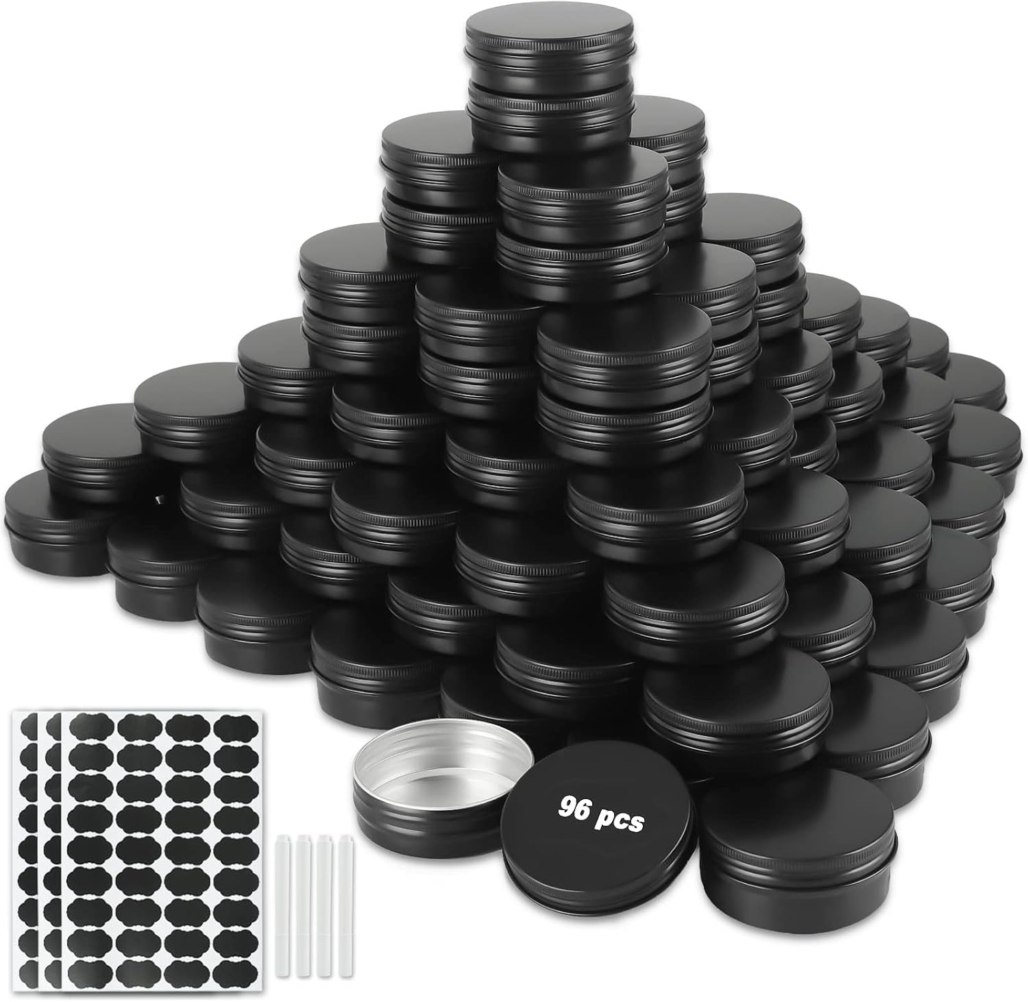 OBKJJ 96 Pack Round Cans with Screw Lid 2 Oz Aluminum Metal Tins DIY Food Candle Containers for Lotion Bars, Balms, Salve, Spices, Beard Balm, Crafts with 4 Markers 3 Sheets Label Stickers (Black)