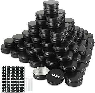 OBKJJ 96 Pack Round Cans with Screw Lid 2 Oz Aluminum Metal Tins DIY Food Candle Containers for Lotion Bars, Balms, Salve, Spices, Beard Balm, Crafts with 4 Markers 3 Sheets Label Stickers (Black)