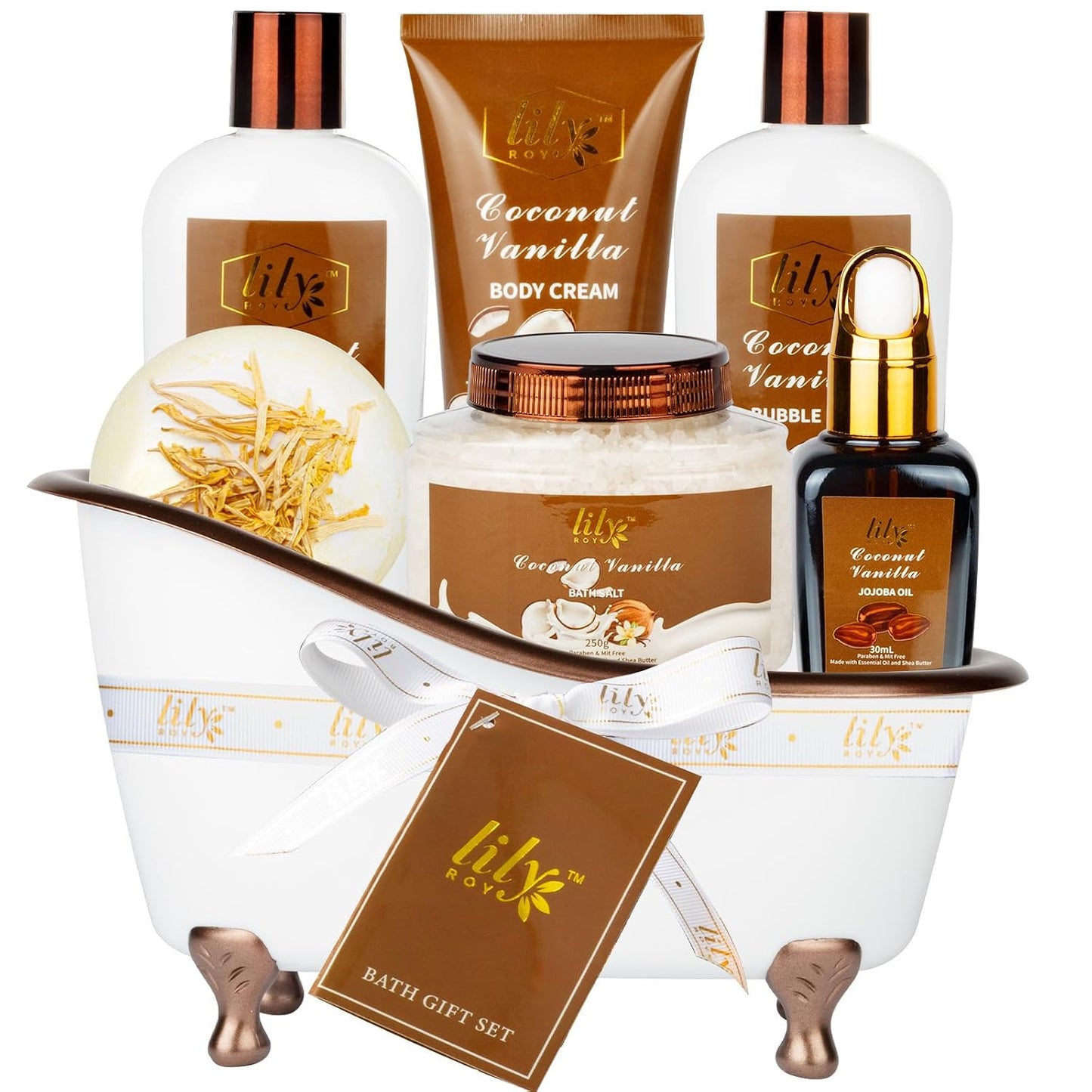 Coconut Vanilla Spa Gifts Bath Kit, 7Pcs Moisturizing Gift Set for Women Men